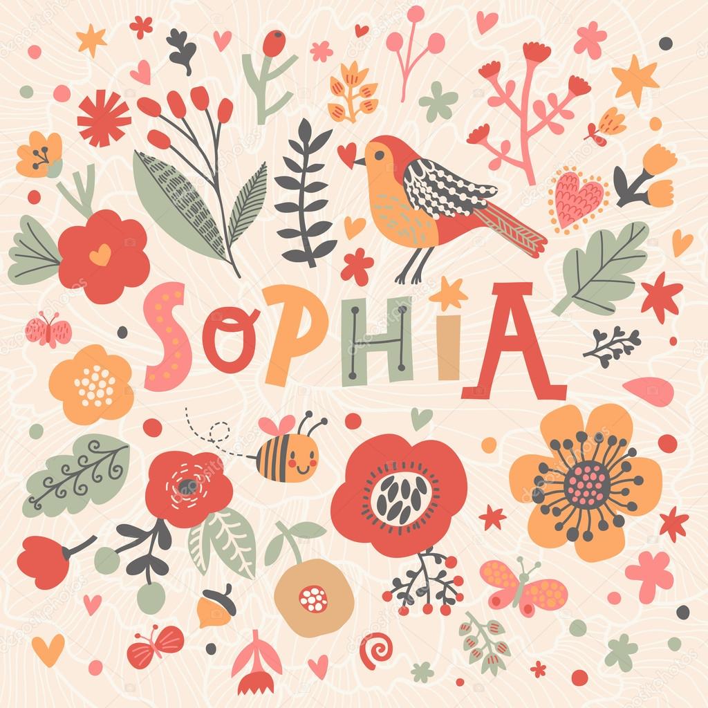 1024x1024 Beautiful floral card with name Sophia Stock Vector by ©smilewithjul 75032335