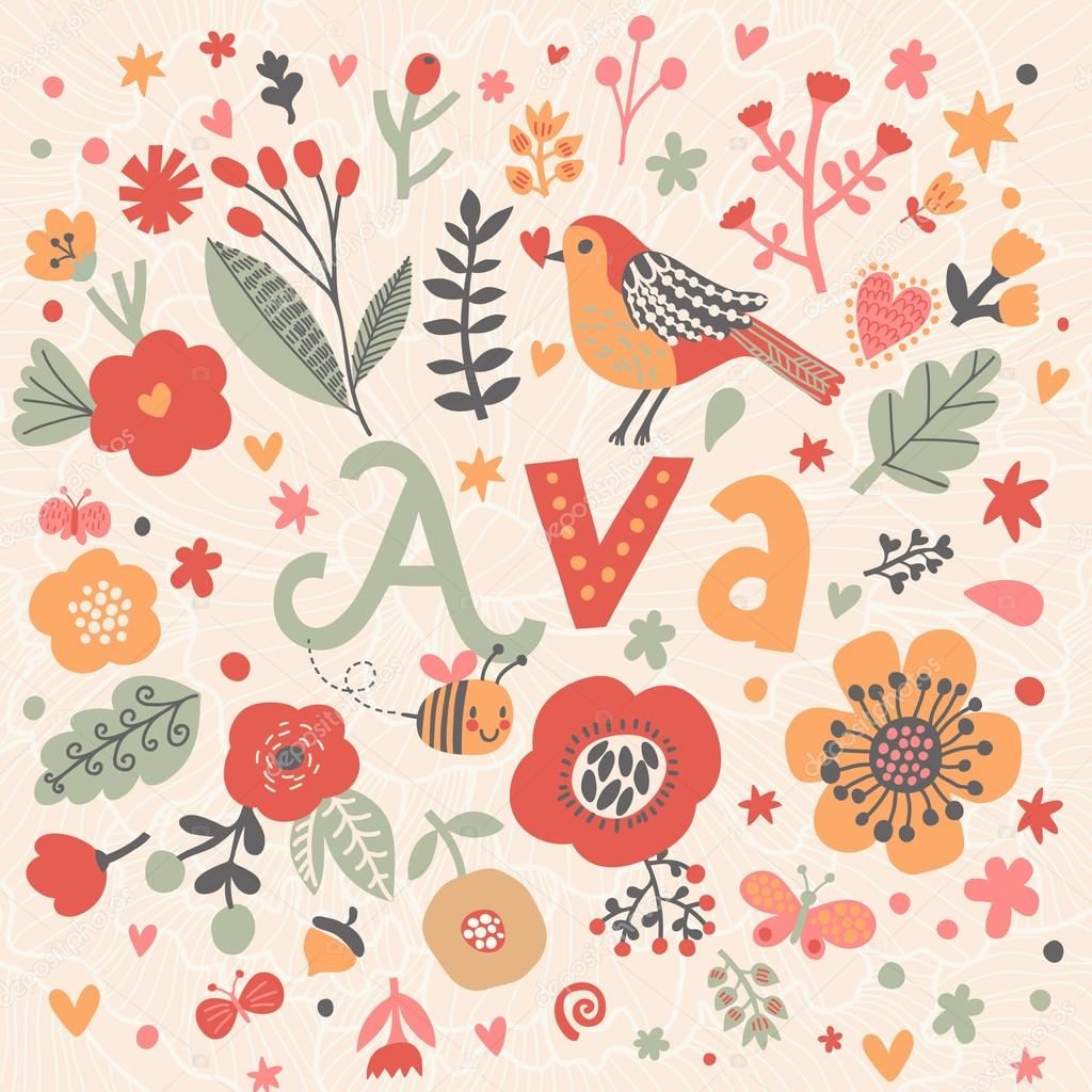 1024x1024 Beautiful floral card with name Ava Stock Vector by ©smilewithjul 75032449