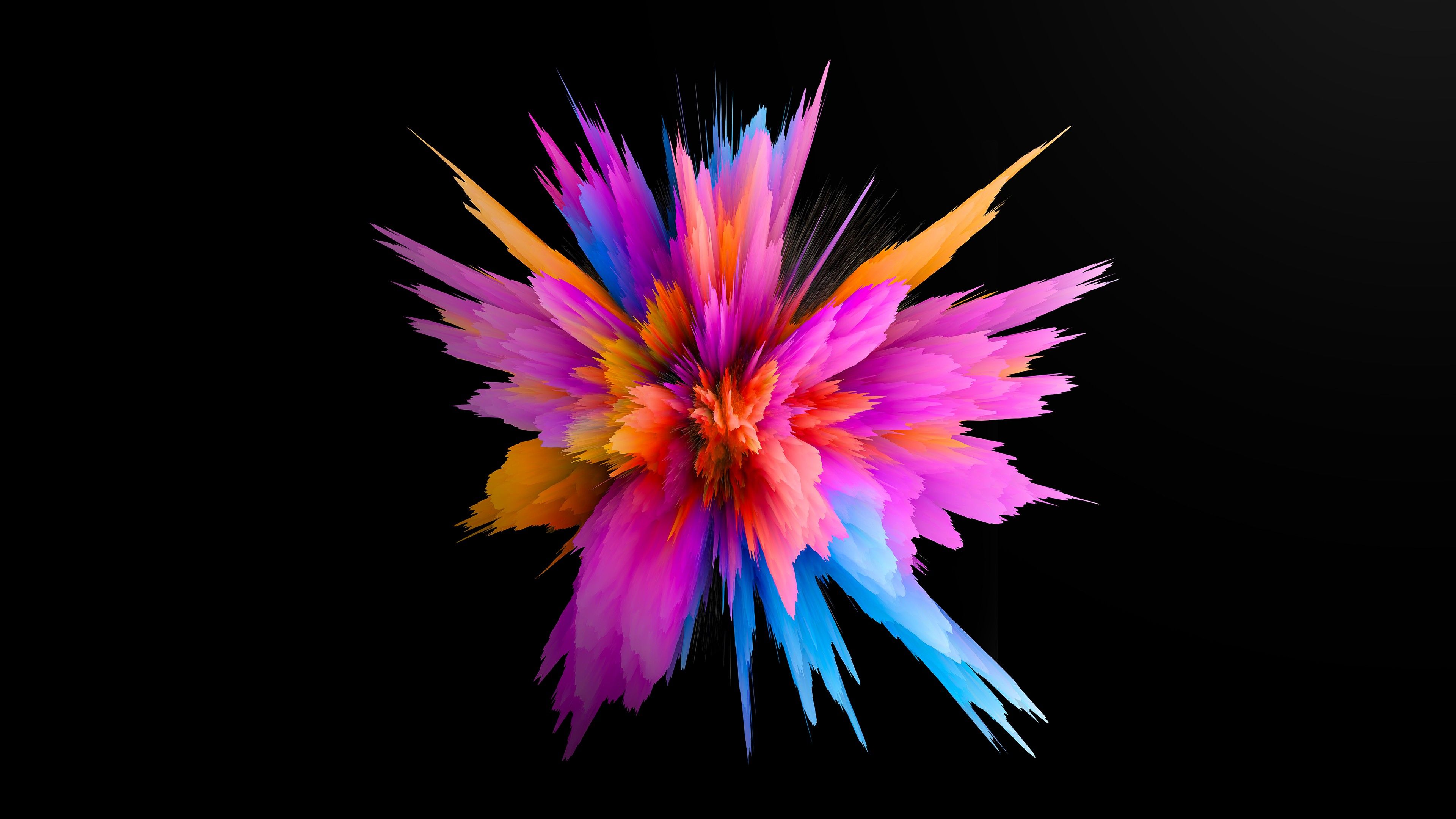 3840x2160 Purple Yellow Blue Color Powder Burst Explosion Black Background 4K HD Abstract Wallpaper