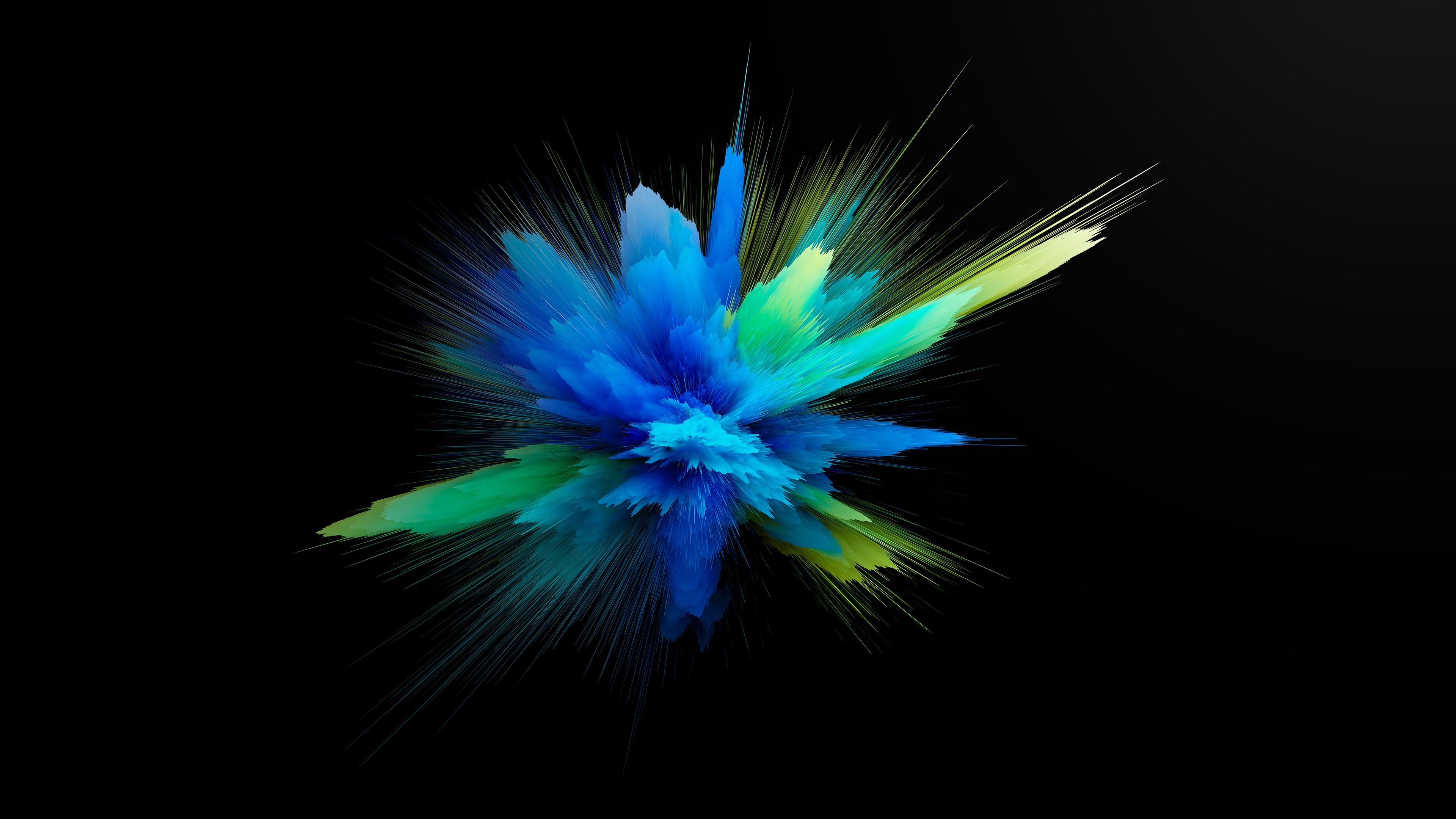 3840x2160 Green Blue Color Powder Burst Explosion Black Background 4K HD Abstract Wallpaper
