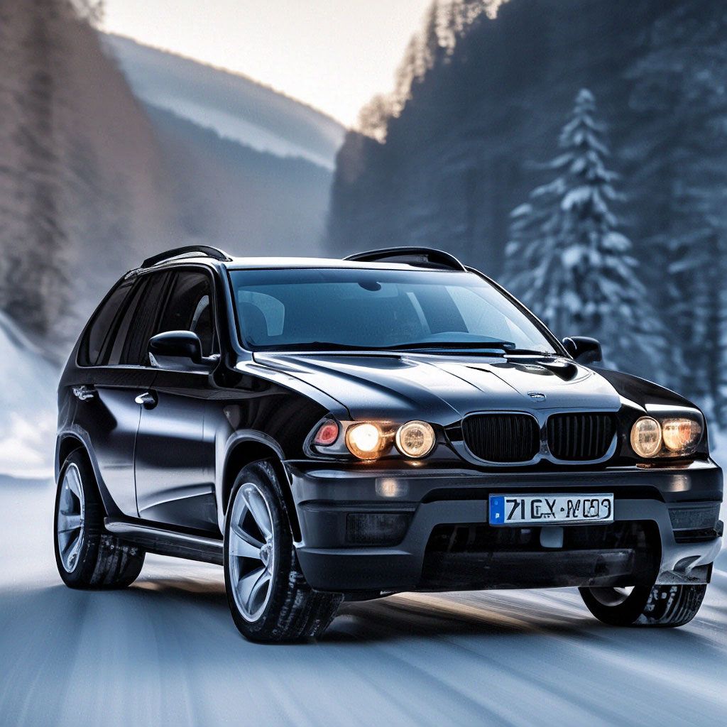 1024x1024 Black bmw X5 E53 facelift on a snowy mountain road, aesthetically pleasing