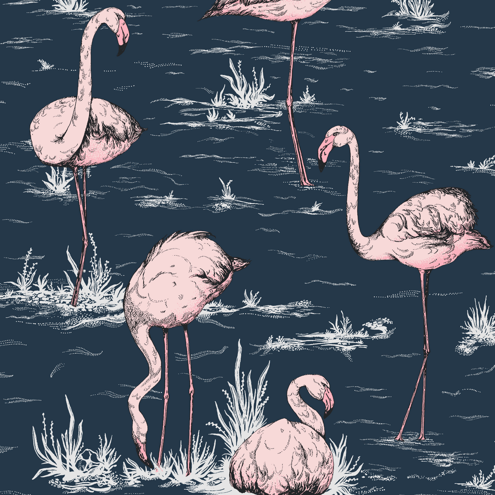 2048x2048 Flamingos Wallpaper & Son Sample / Metallic Silver & Teal On Charcoal