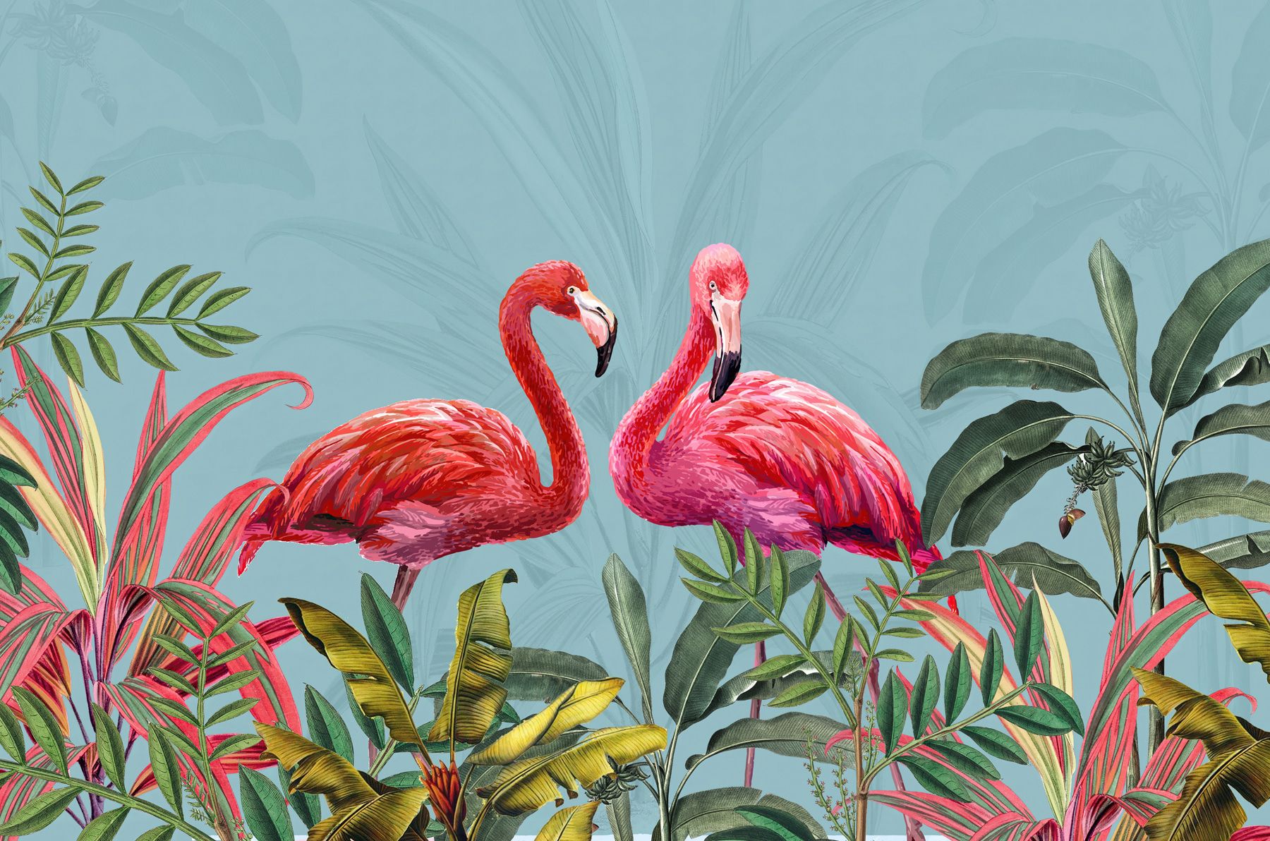 1800x1192 Wall Mural Two Pink Flamingos in Tropical Thickets, Wall Murals Animals, Wall Murals with Flamingos, u95732 :