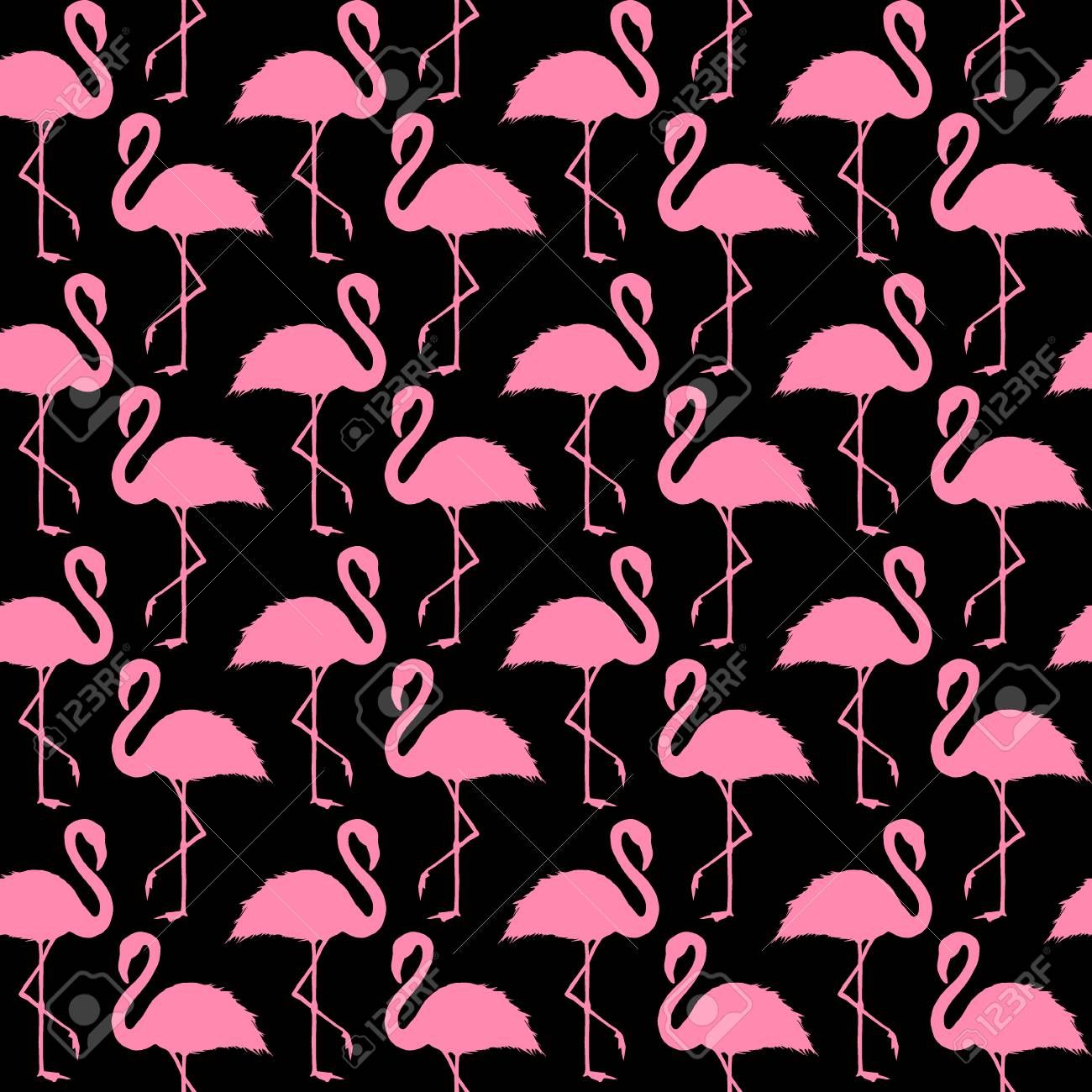 1300x1300 Abstract Pink And Black Flamingo Seamless Pattern. Bright Pink Hand Drawn Flamingos Silhouette Ornament On Black Background. Tropical Trendy Texture. Print For Textile, Wallpaper, Wrapping. , Picture and Royalty Free Image