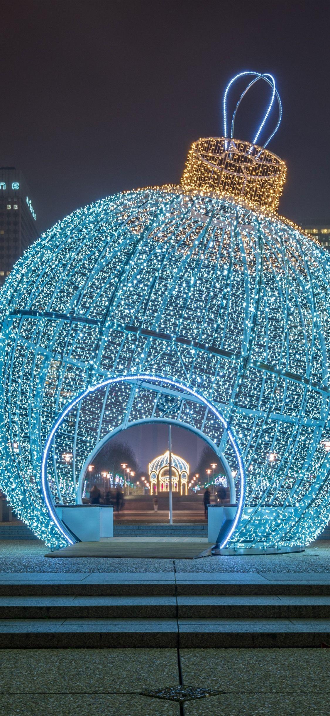 1125x2436 Huge Christmas ball, holiday lights, night, Paris, France