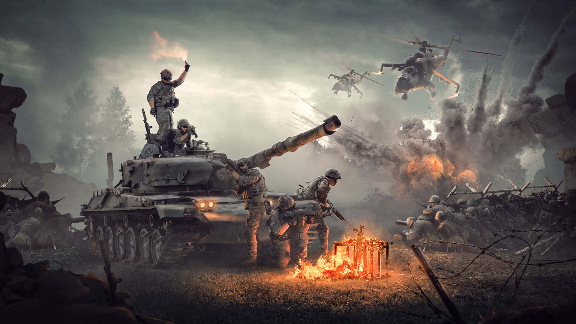 1920x1080 Download A Tank With Soldiers And A Fire