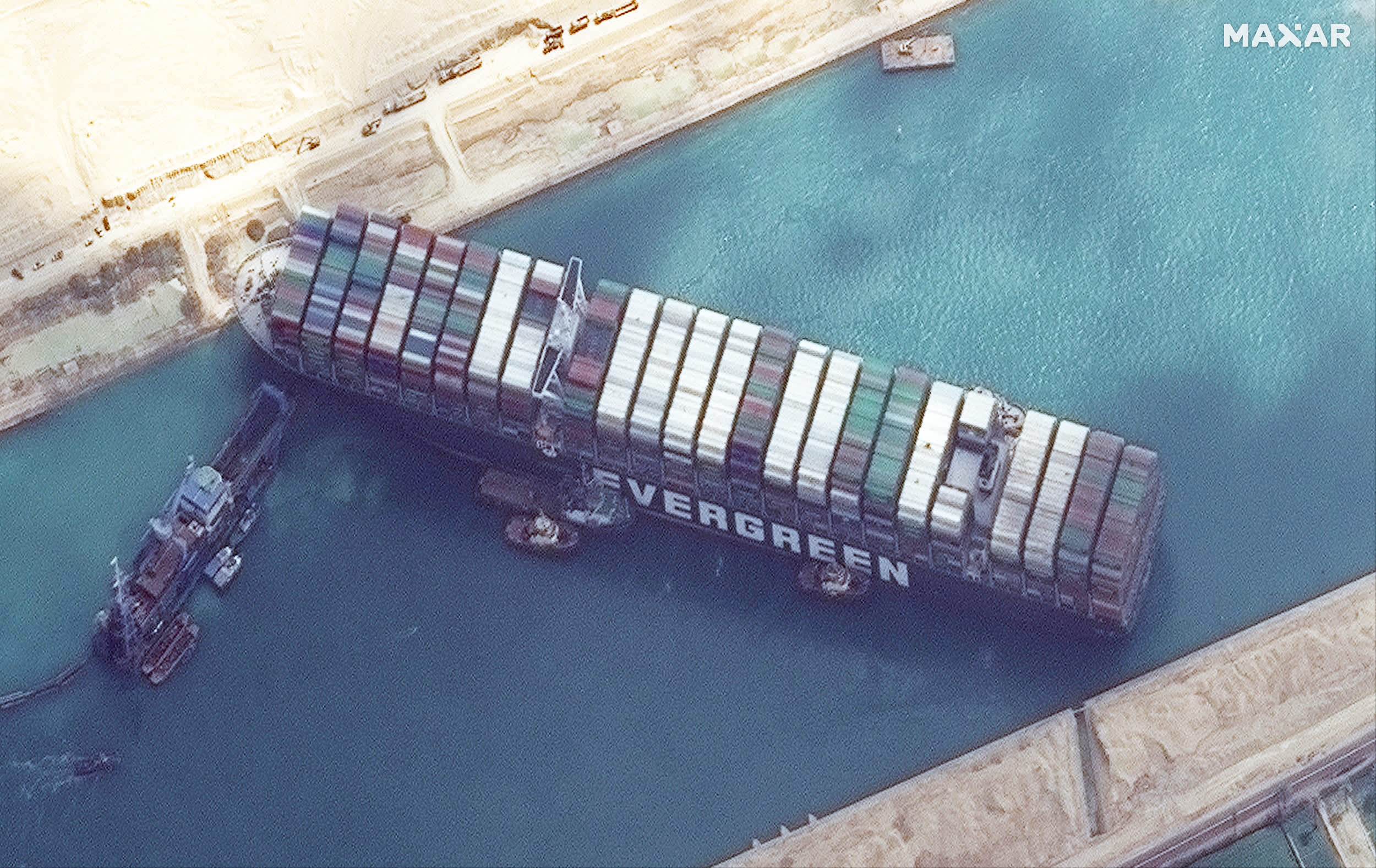 2500x1578 Satellite image of ship Ever Given in Suez Canal shows work underway