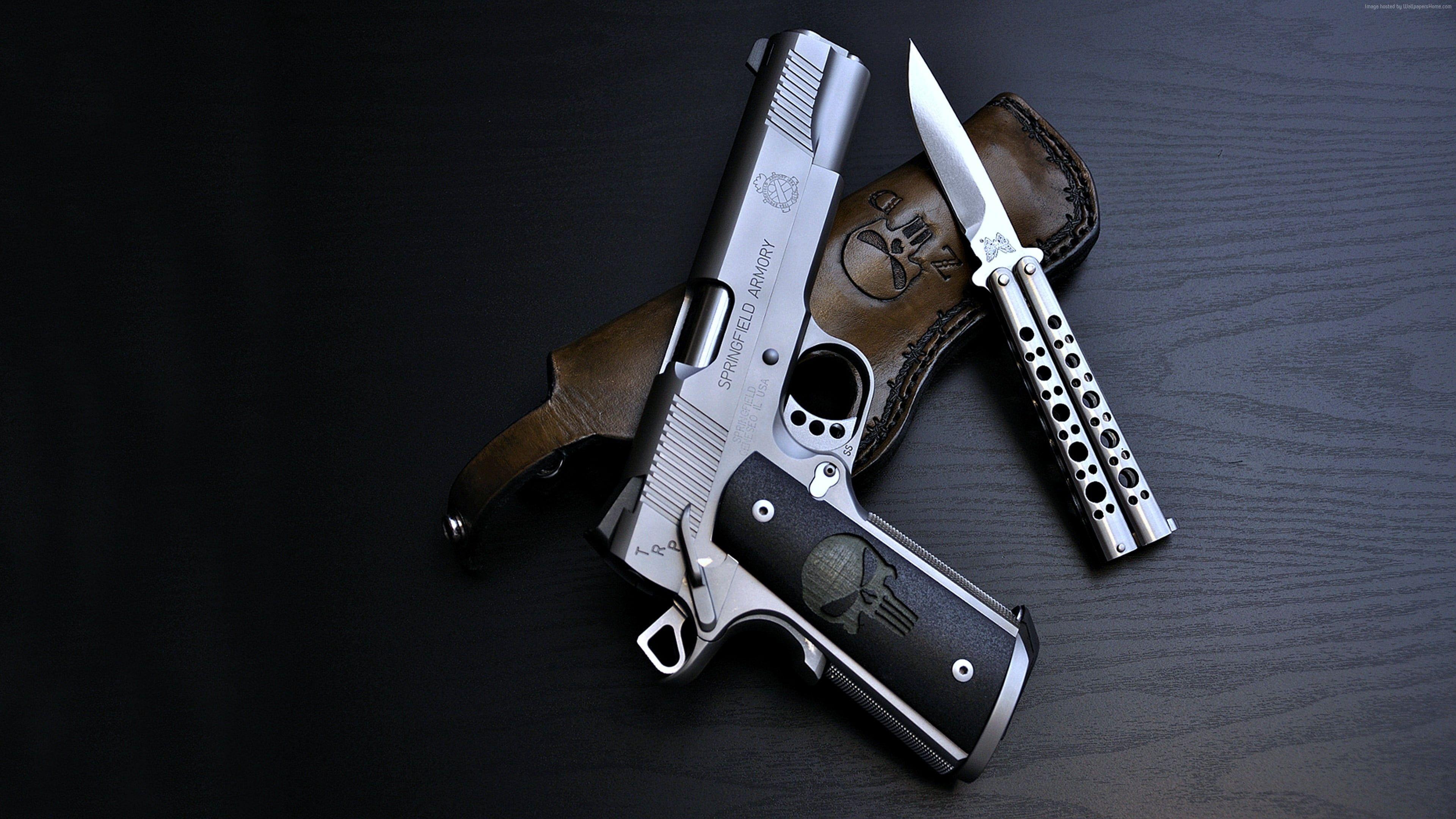 3840x2160 Gray The Punisher Semi Automatic Pistol With Stainless Steel Butterfly Knife HD Wallpaper