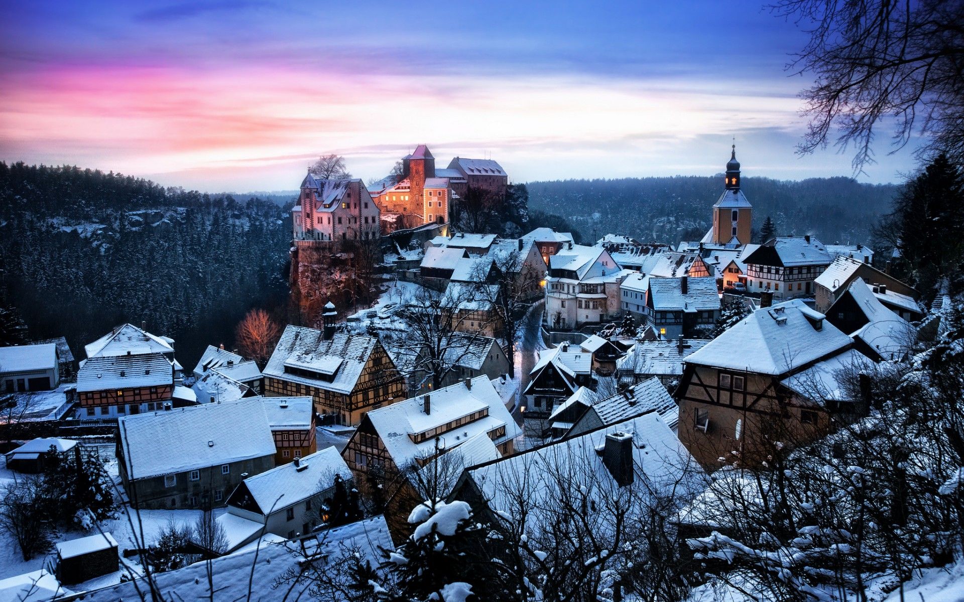 1920x1200 germany, Saxony, Honshtayn, Castle, Fort, Architecture, Cities, Sky, Sunset, Sunrise, Winter, Snow, Buildings, Mountains Wallpaper HD / Desktop and Mobile Background