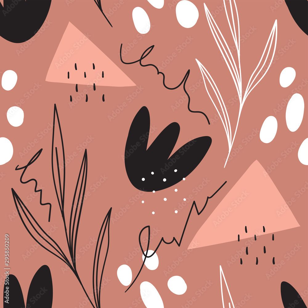 1000x1000 Modern simple shapes seamless pattern for print, fabric, wallpaper. Scandinavian aesthetic background. Hand drawn leaves and flowers elements. Stock Vector