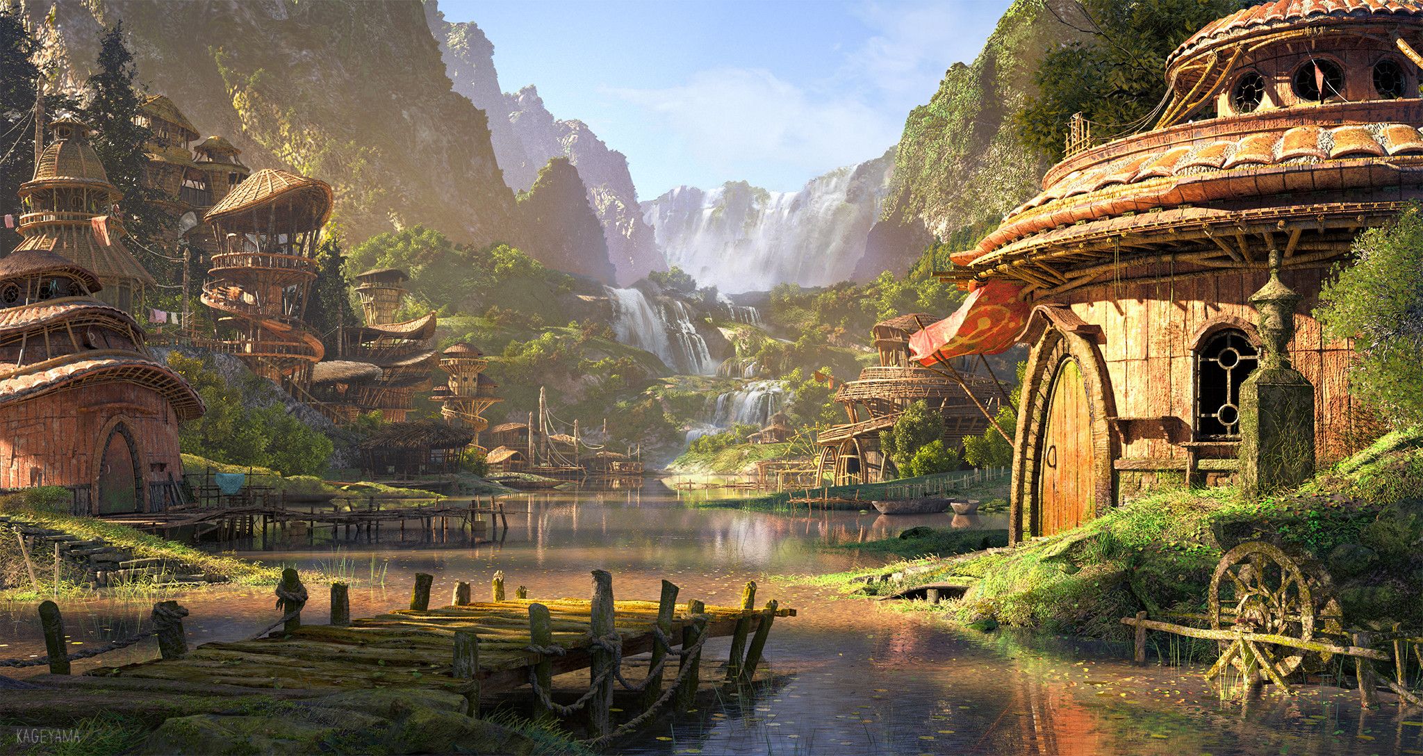 2048x1088 Enchanting Fantasy Village: A Stunning HD Landscape Escape