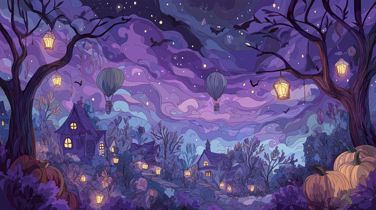 1200x673 Enchanted Purple Halloween Village Wallpaper. Dreamy Night Landscape with Hot Air Balloons