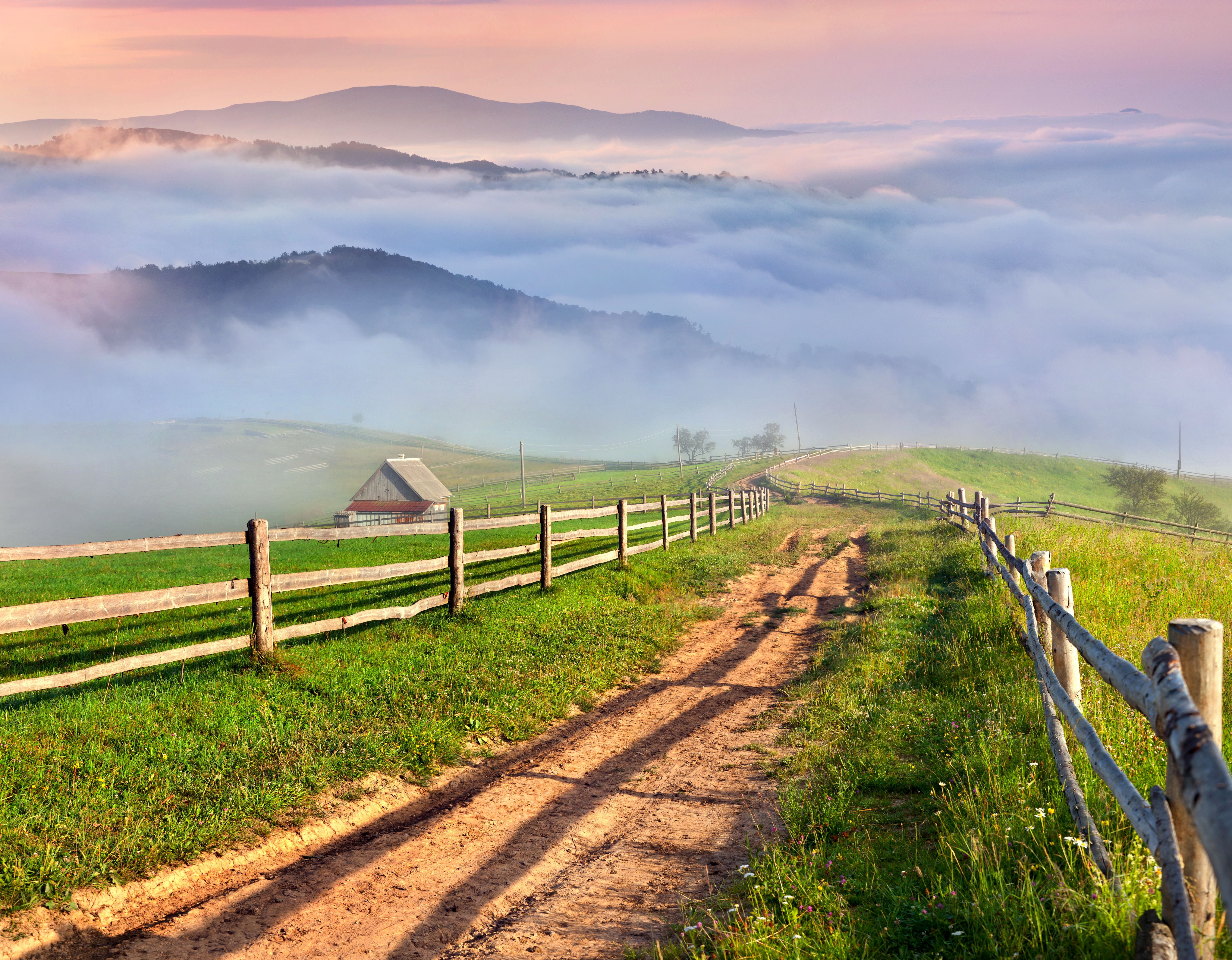 5768x4495 Wallpaper road, grass, mountains, fog, village, meadow, landscape, nature for mobile and desktop, section пейзажи, resolution 5768x4495