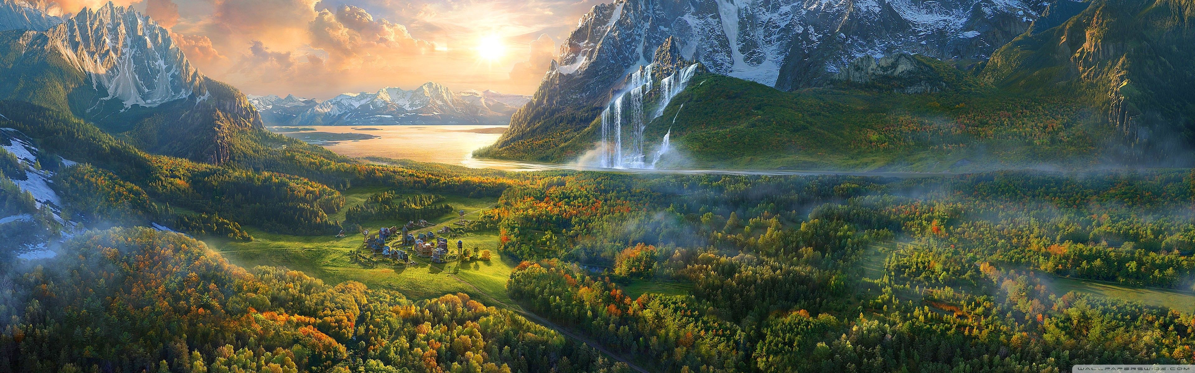 3840x1200 Small Village in the heart of the Wilderness 4K UHD Wallpaper for UltraHD Desktop and TV : Widescreen and UltraWide Display : Dual Monitor