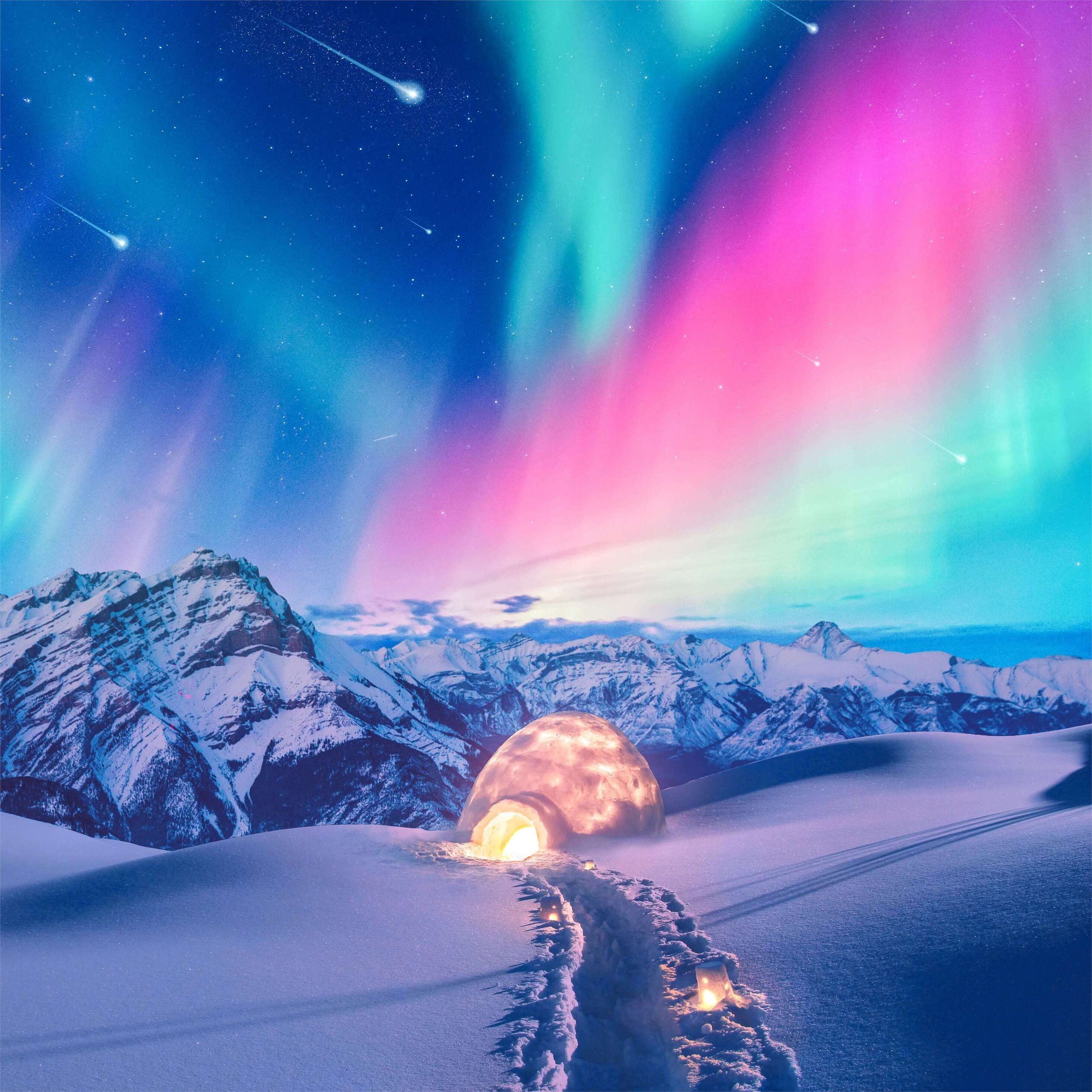 2732x2732 snow winter iceland aurora northern lights iPad Pro Wallpaper Free Download