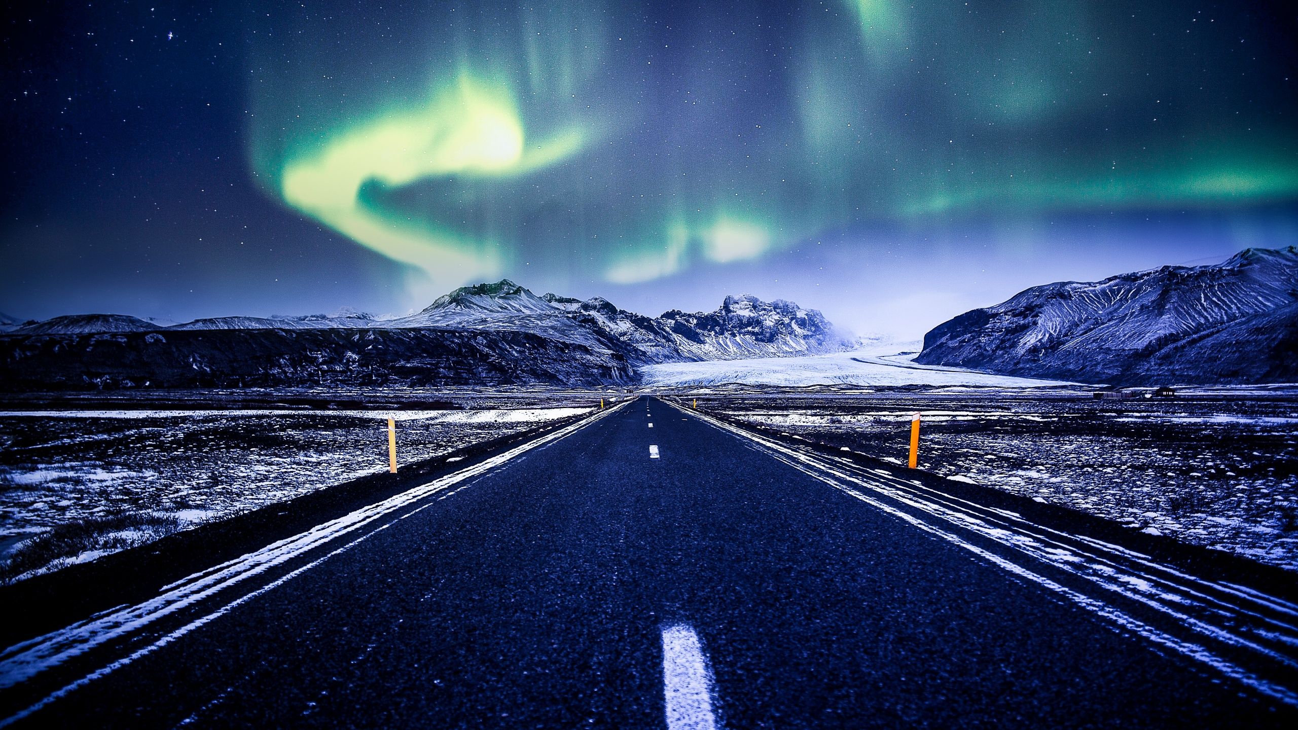 2560x1440 Aurora Borealis Wallpaper 4K, Road, Mountains, Snow covered