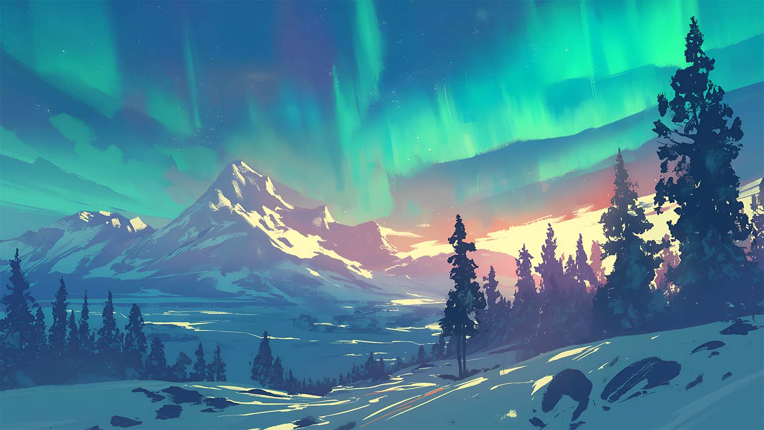 1536x864 Snowy Twilight Northern Lights Desktop Wallpaper