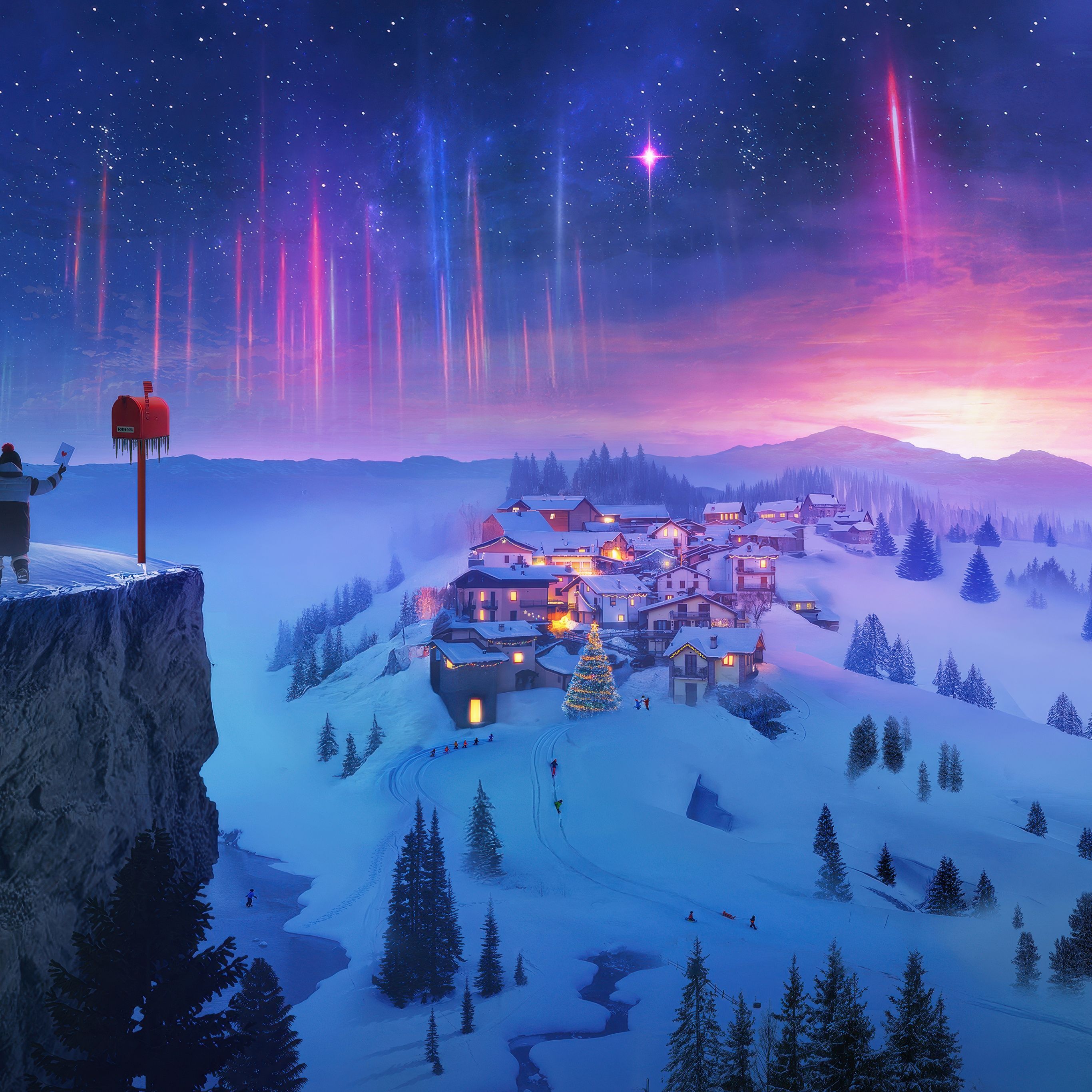 2732x2732 Snowy village Wallpaper 4K, Winter, Aurora sky, Night sky
