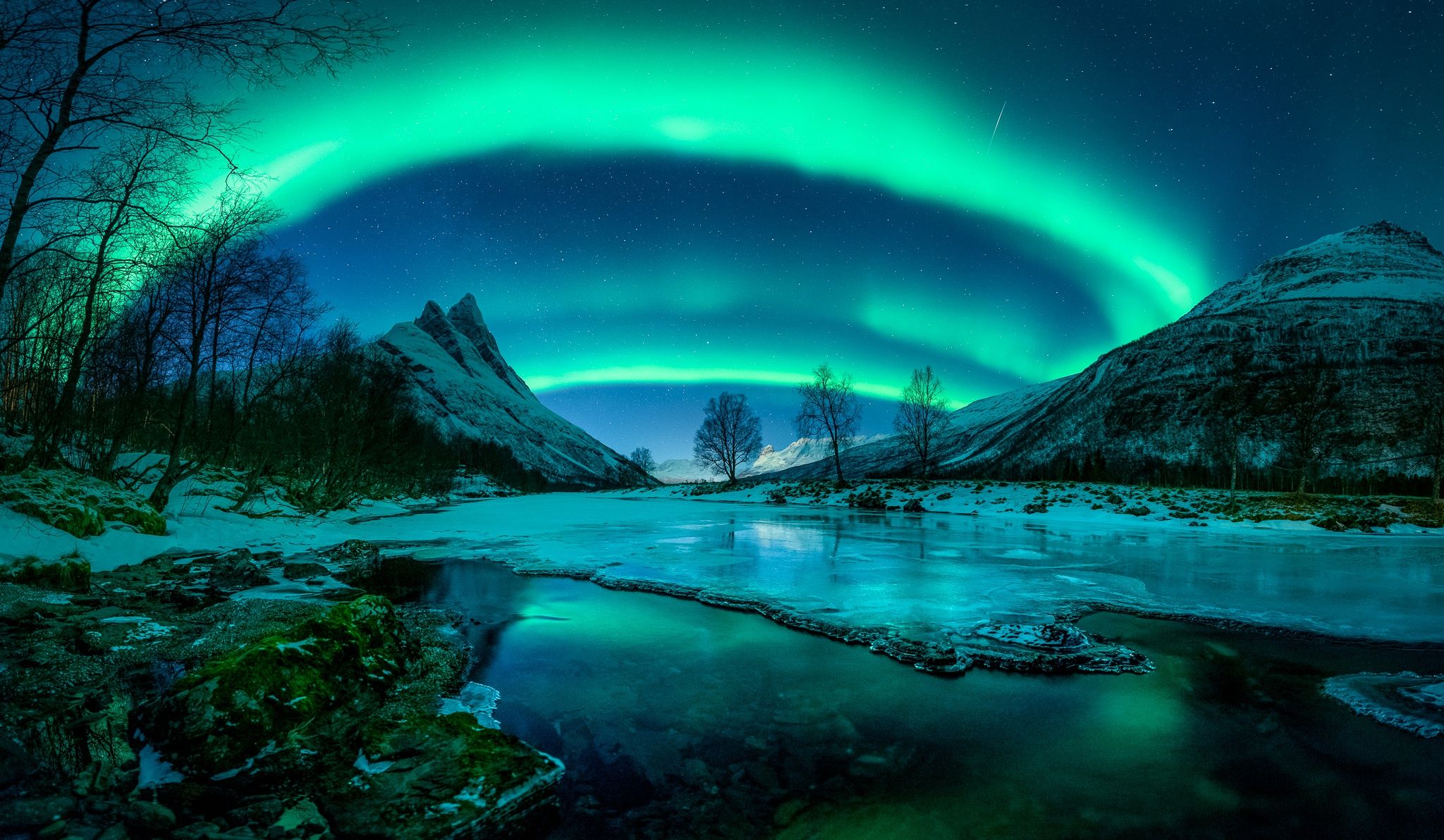 2048x1192 Desktop wallpaper: Earth, Aurora Borealis, Ice, Landscape, Mountain, Sky, Winter 4K free download for PC. 987013