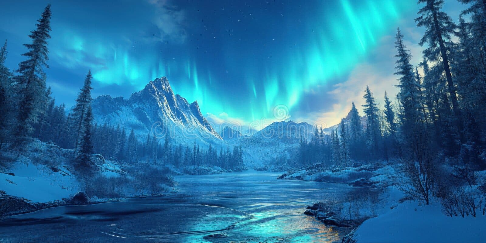 1600x800 Stunning Aurora Borealis Over Mountains River Twilight Winter Landscape & Royalty Free From Dreamstime