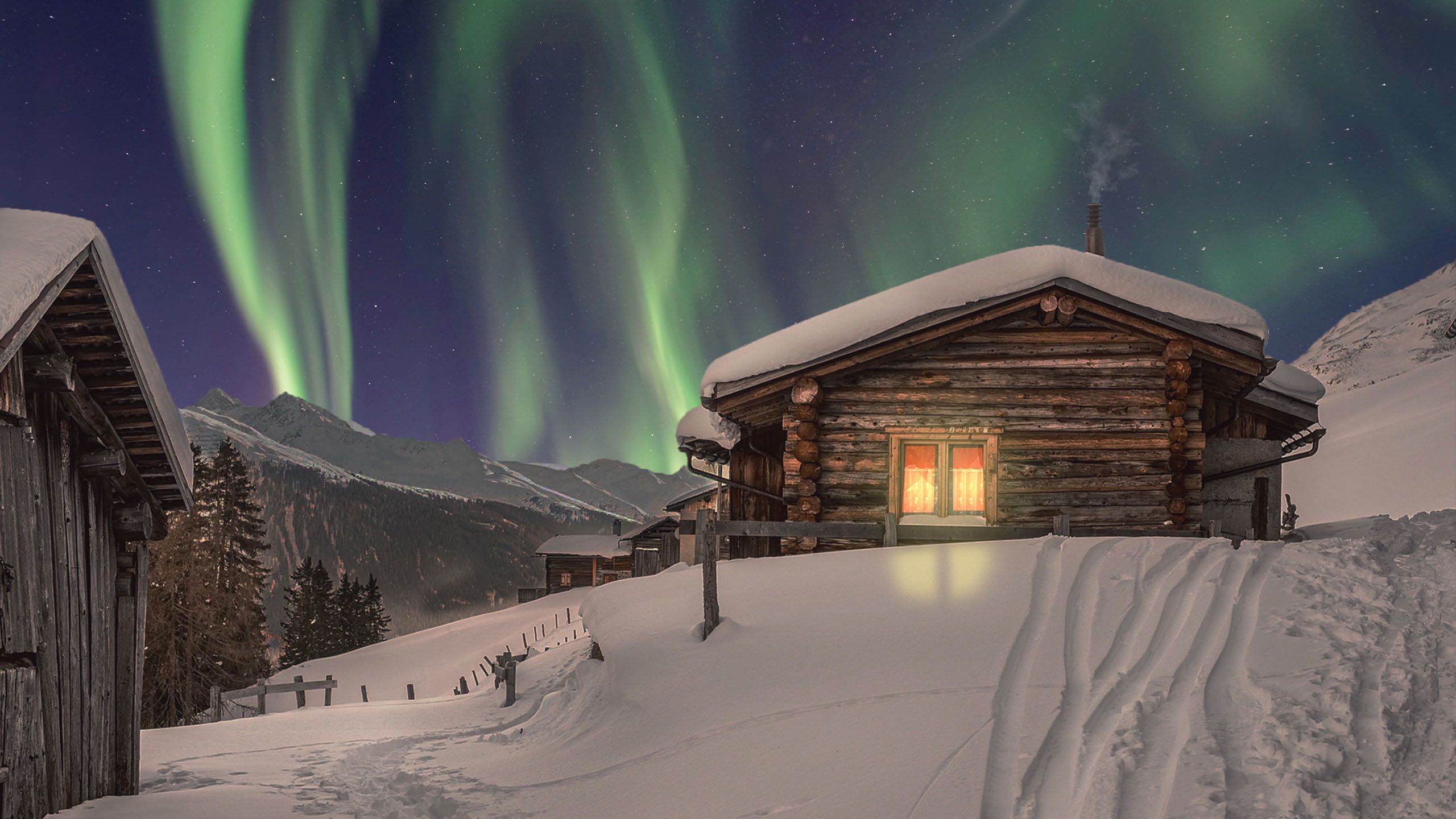2560x1440 Snow Covered House In Aurora Borealis During Winter HD Winter Wallpaper