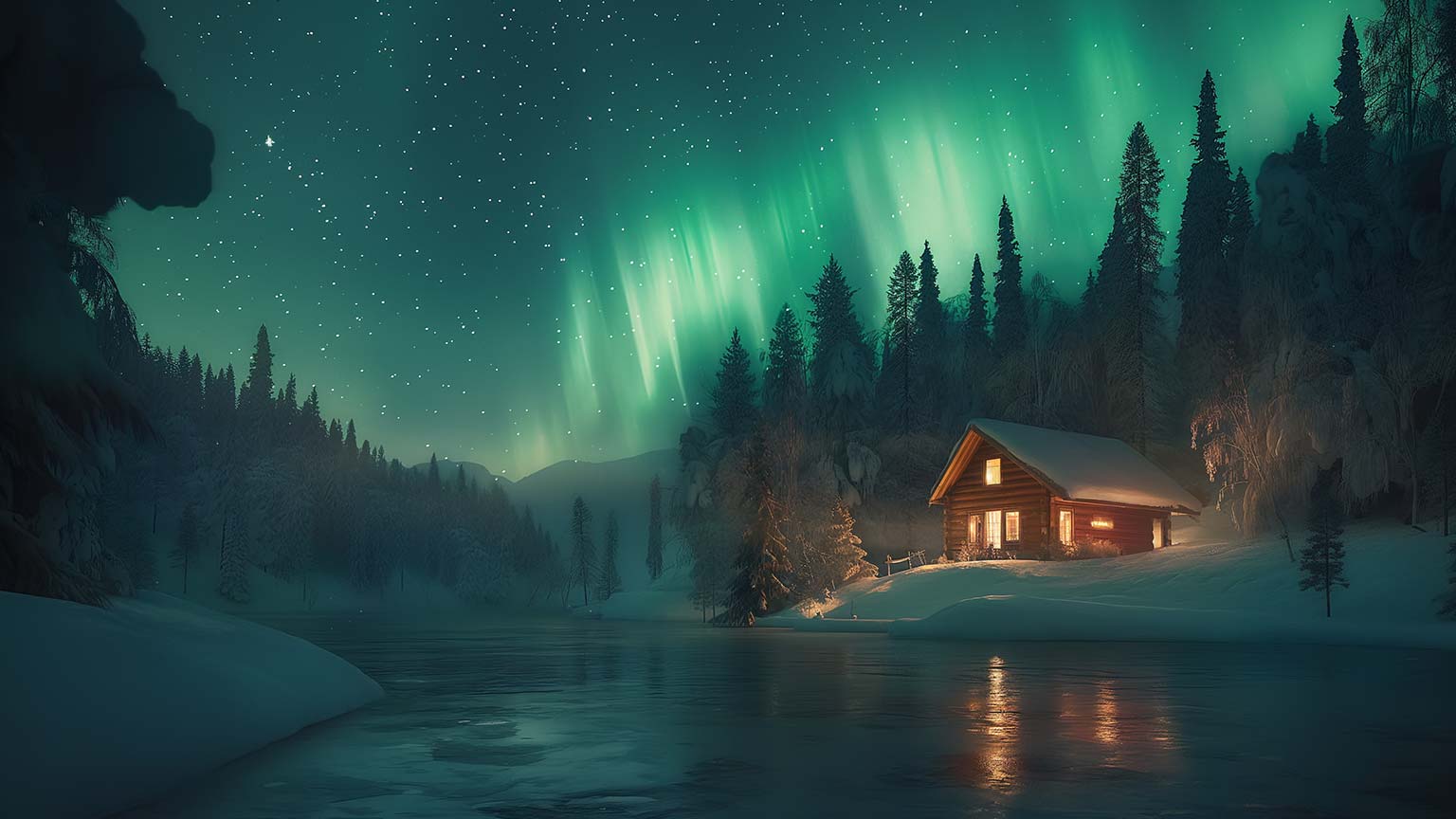 1536x864 Northern Lights Cabin Winter Desktop Wallpaper