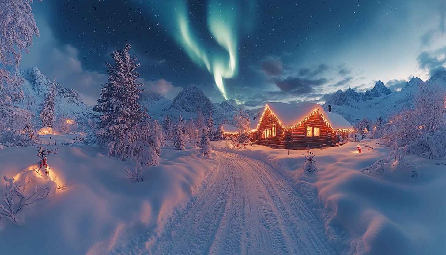 1456x832 Winter Wonderland Cabin 4K Desktop Wallpaper Mountains, Aurora Borealis
