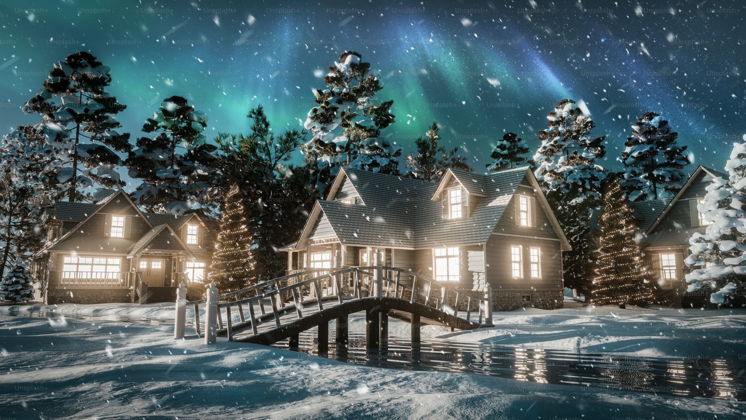 3000x1688 Cozy cabins in snowy forest under aurora borealis photo