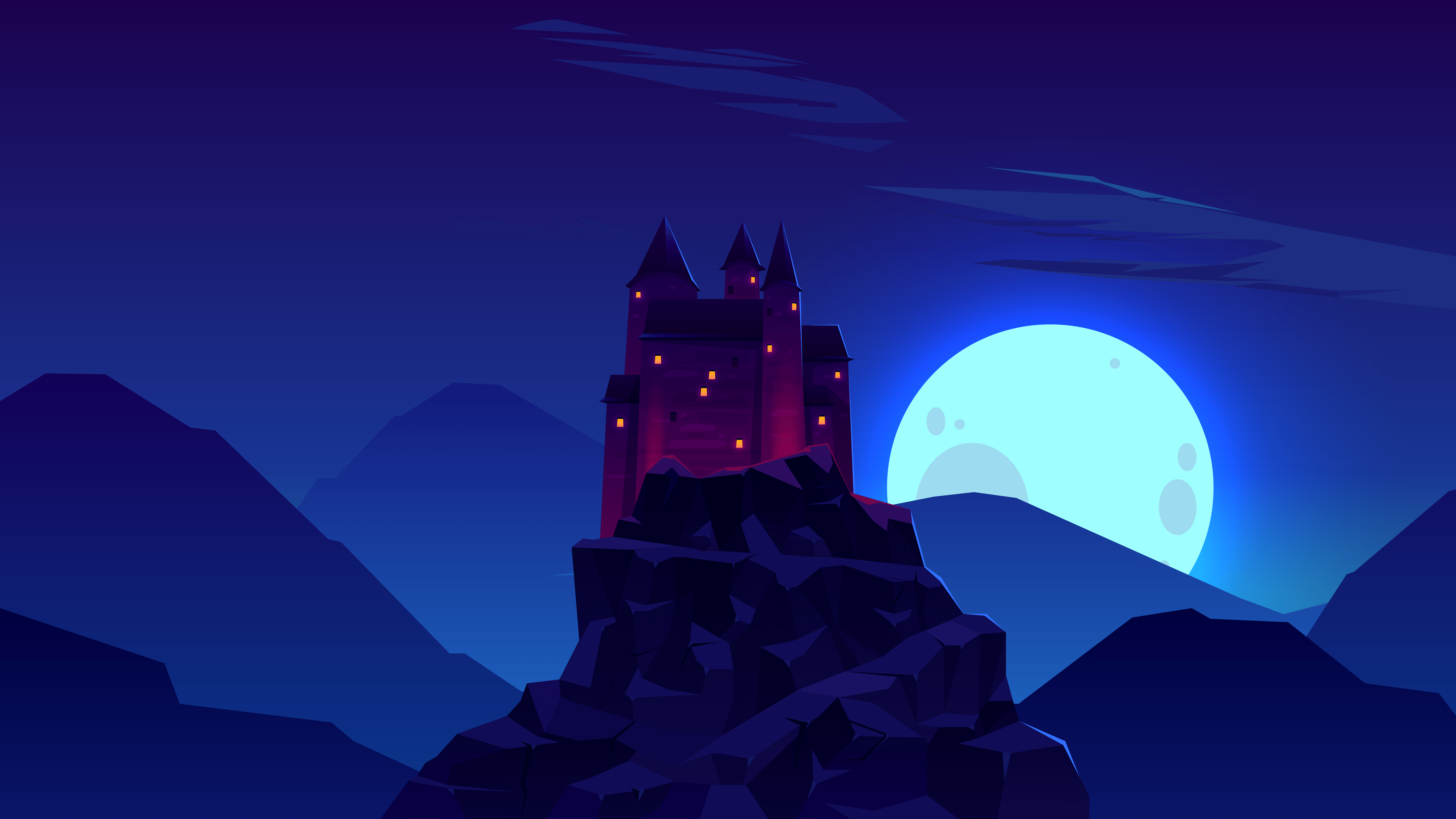 7680x4320 Moonlit Castle Majesty: Minimalist Blue Mountains in 8K Ultra HD Wallpaperx4320