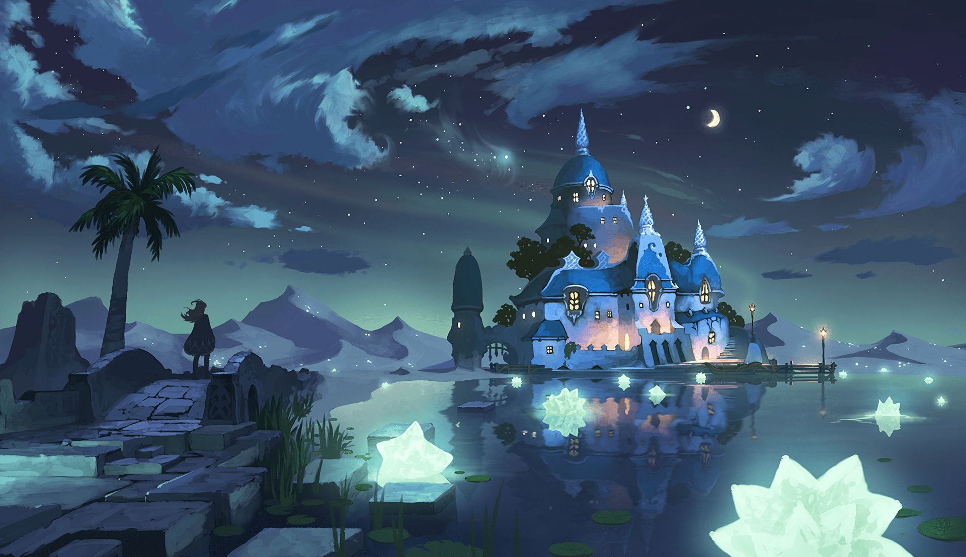 1920x1107 Fantasy Castle Reflection Anime Wallpaper by ど〜らx1107