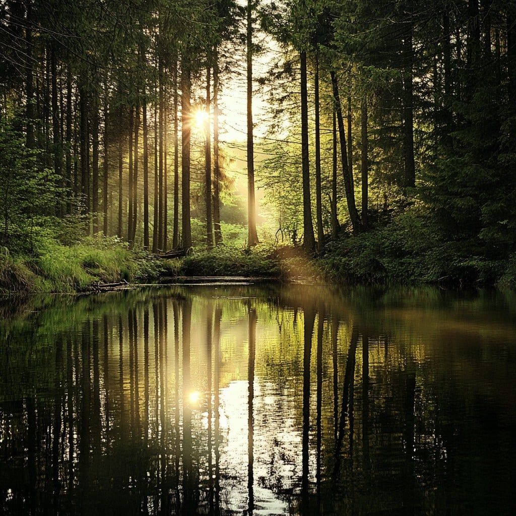 1024x1024 Free Sunlit Forest Lake Image, Trees, Forest