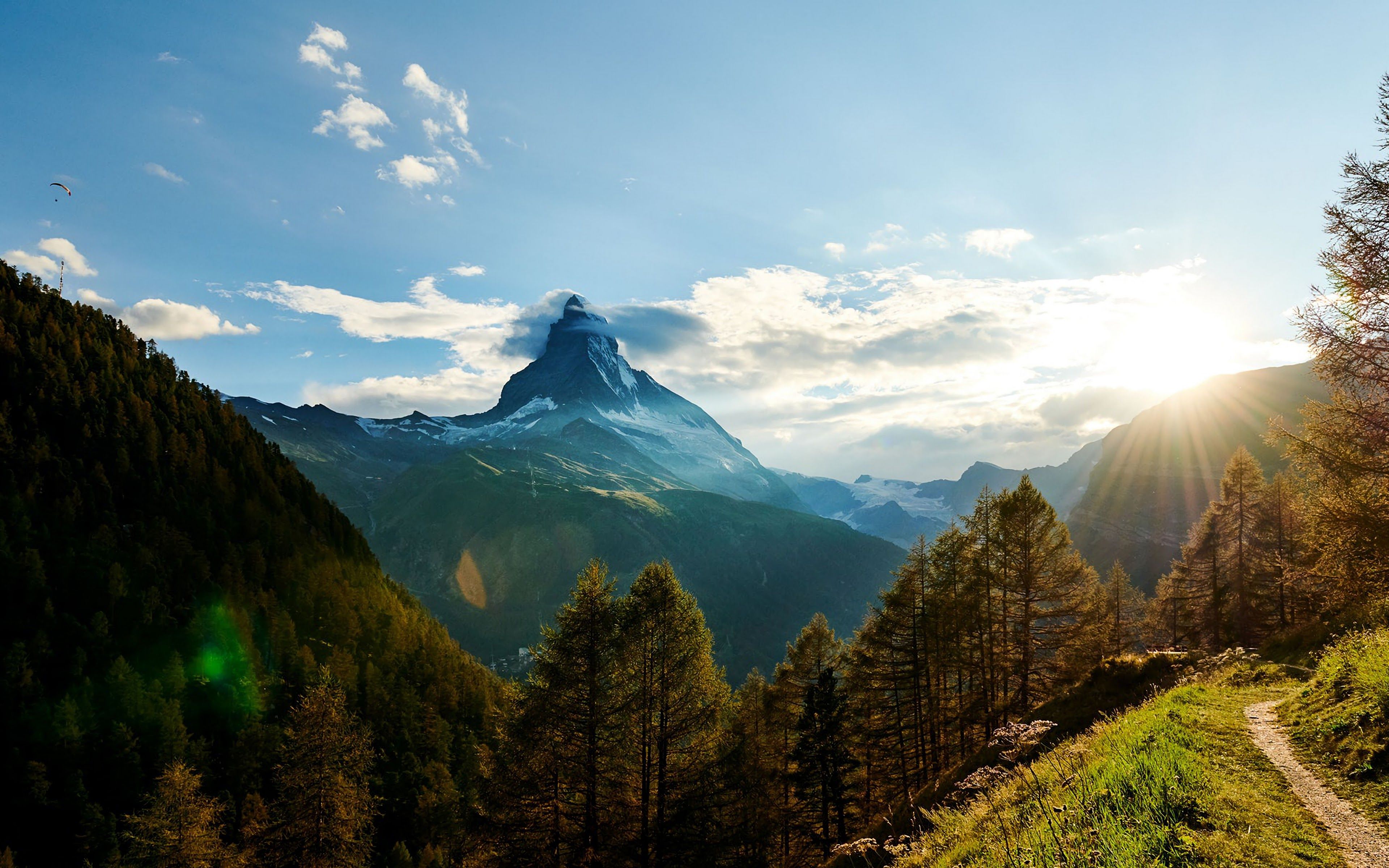 3840x2400 Mountains Sunlight Forest Trees 4K Wallpaper HD