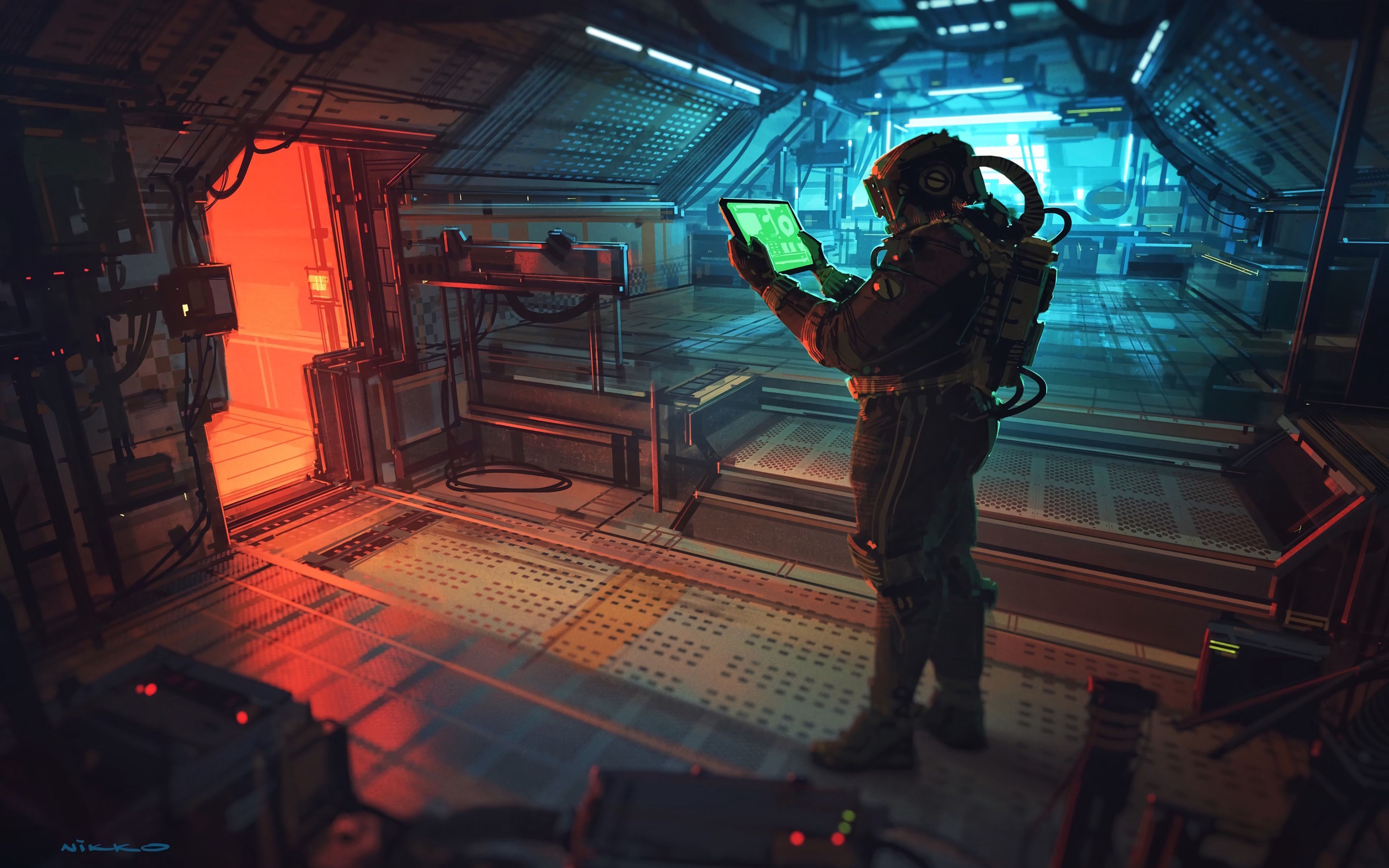 3840x2400 Download Wallpaper 3840x2400 Astronaut, Tablet, Space Station, Sci Fi, Art 4k Ultra HD 16:10 HD Background