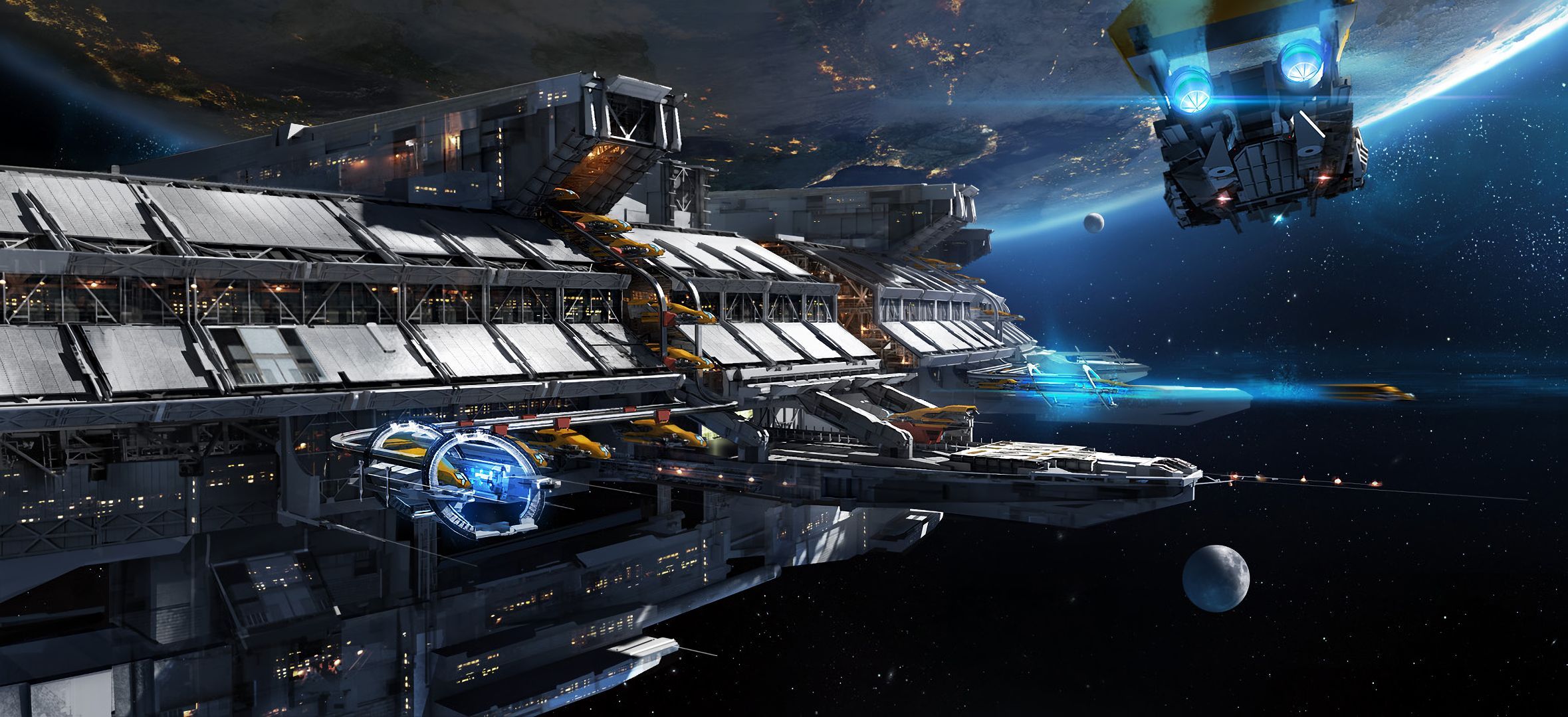 2359x1080 Desktop wallpaper: Space Station, Sci Fi, Spaceship, Planet, Space 4K free download for PC. 870259