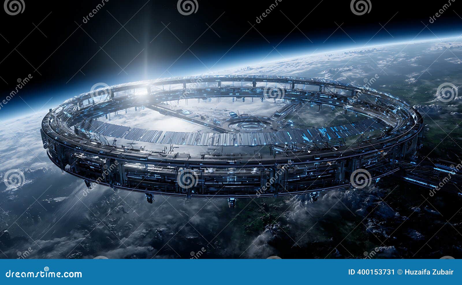1600x987 Futuristic Space Station Orbiting Earth Science Fiction Concept Art Wallpaper Background High Resolution Image Stock Illustration of research, exploration: 400153731