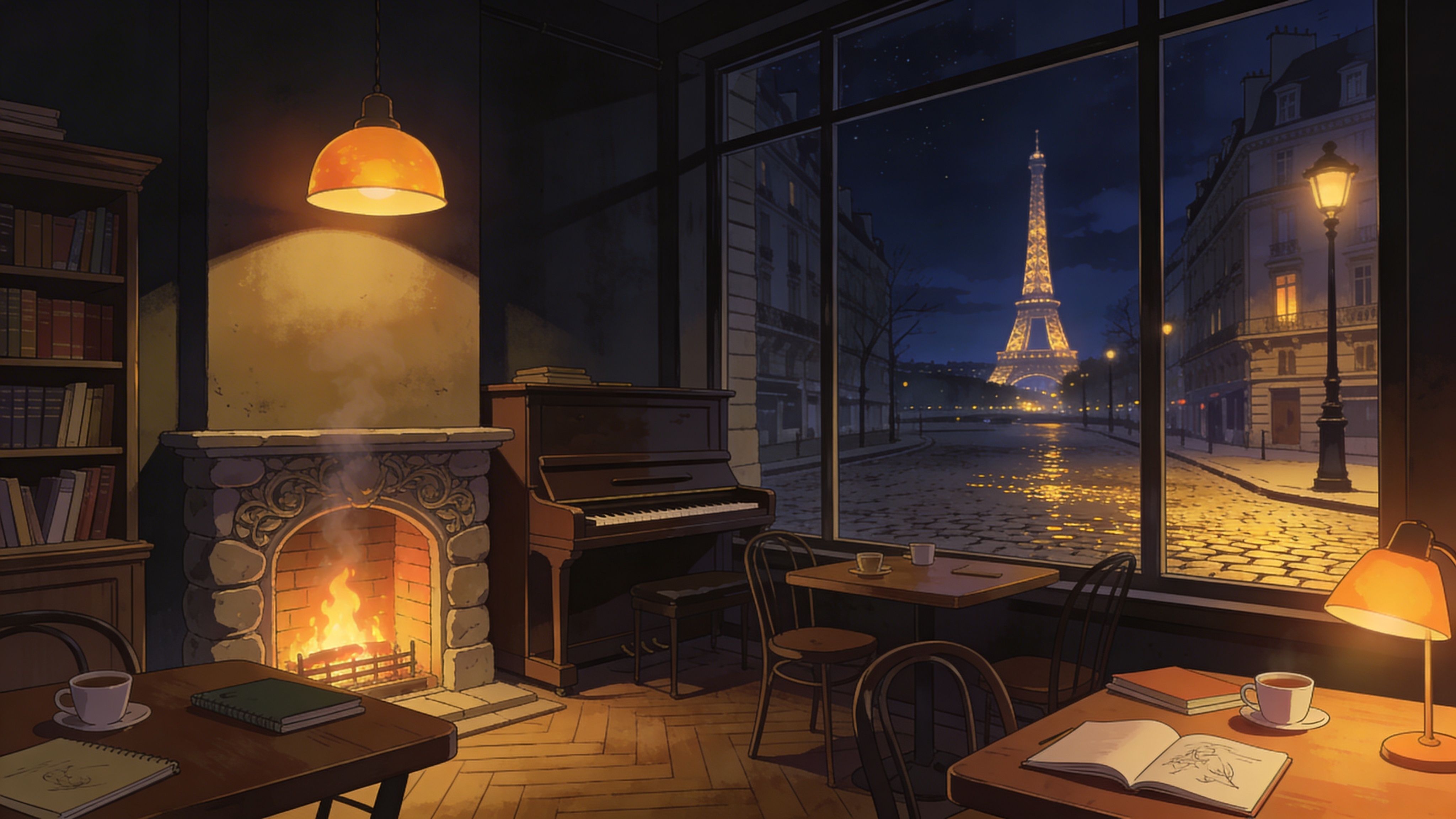 4096x2304 dark cozy lofi style coffee shop night paris dim