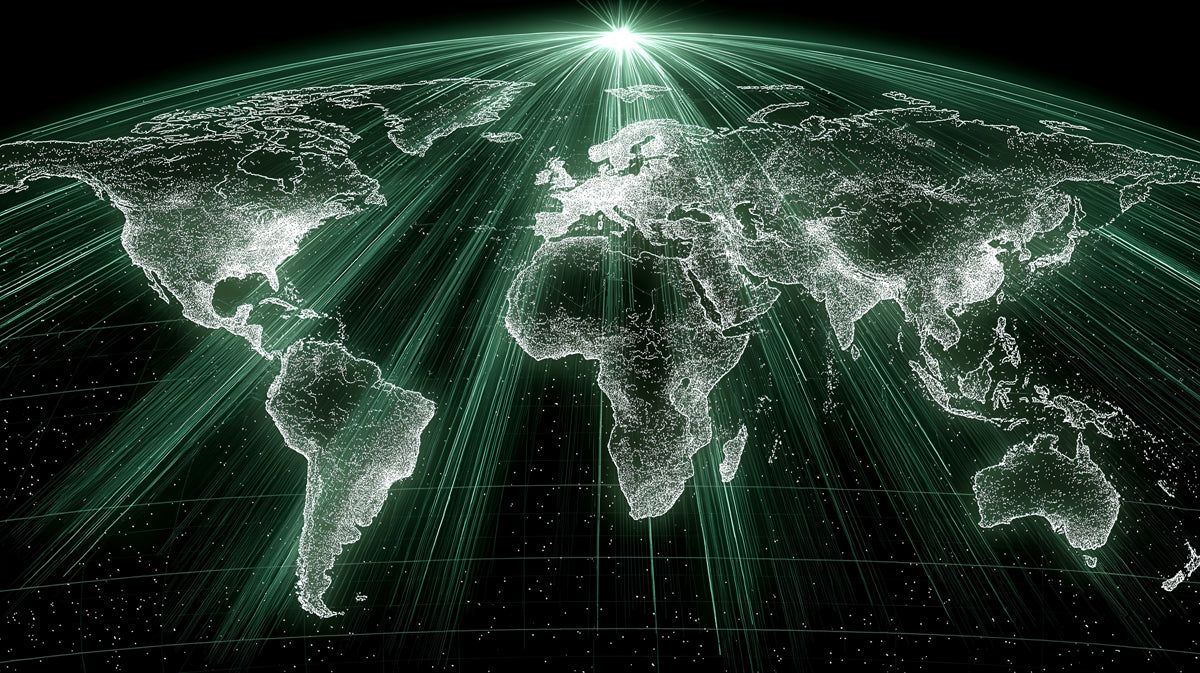 1200x673 Radiant Global Network Green Mural Wallpaper. Top Down Perspective, Cyber Security Theme, Digital Illumination