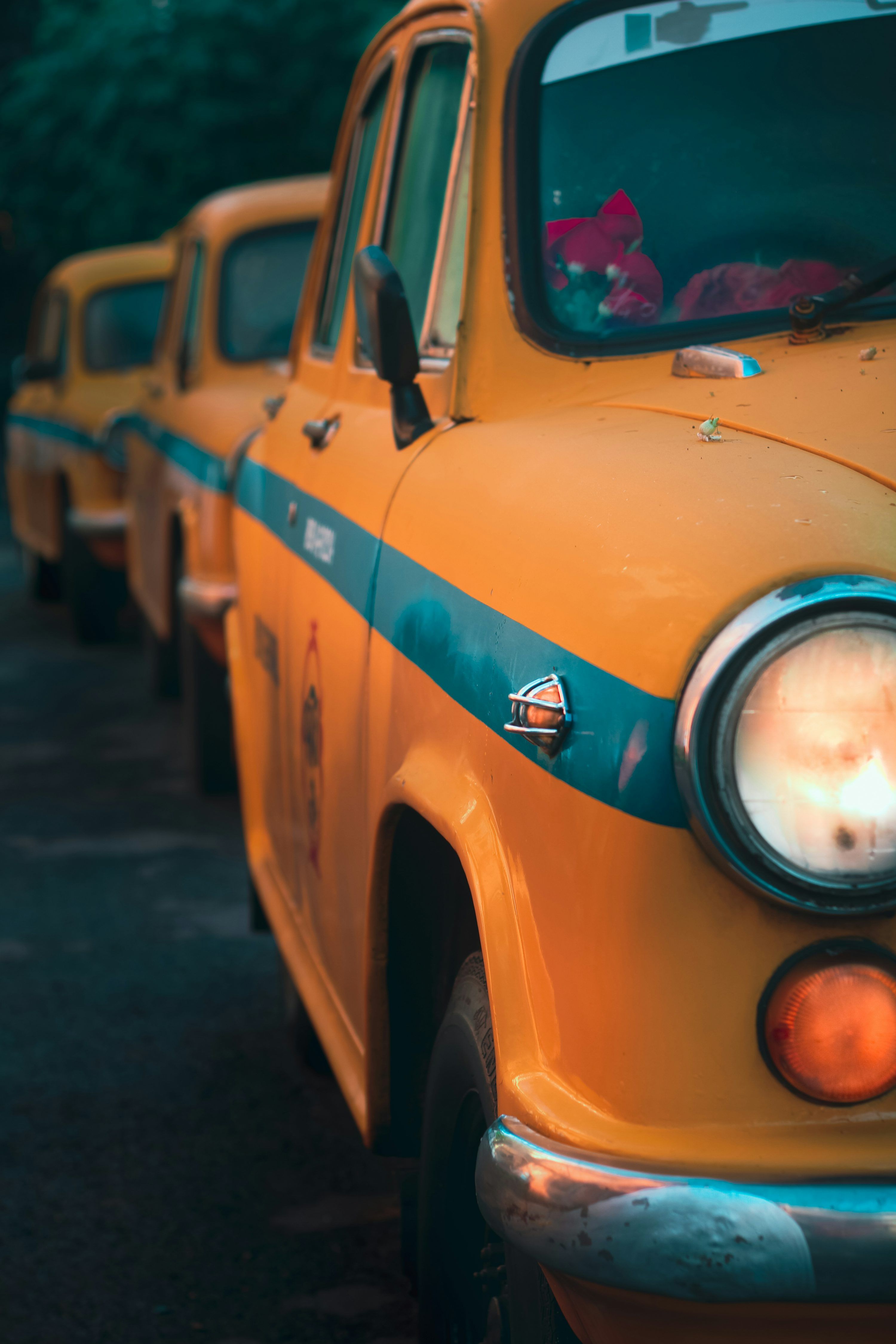 3000x4500 A row of yellow taxi cabs parked next to each other photo