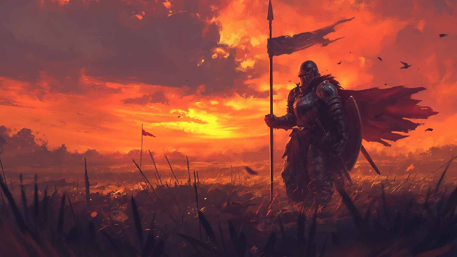 1536x864 Free Medieval Knight Sunset Field Desktop Wallpaper