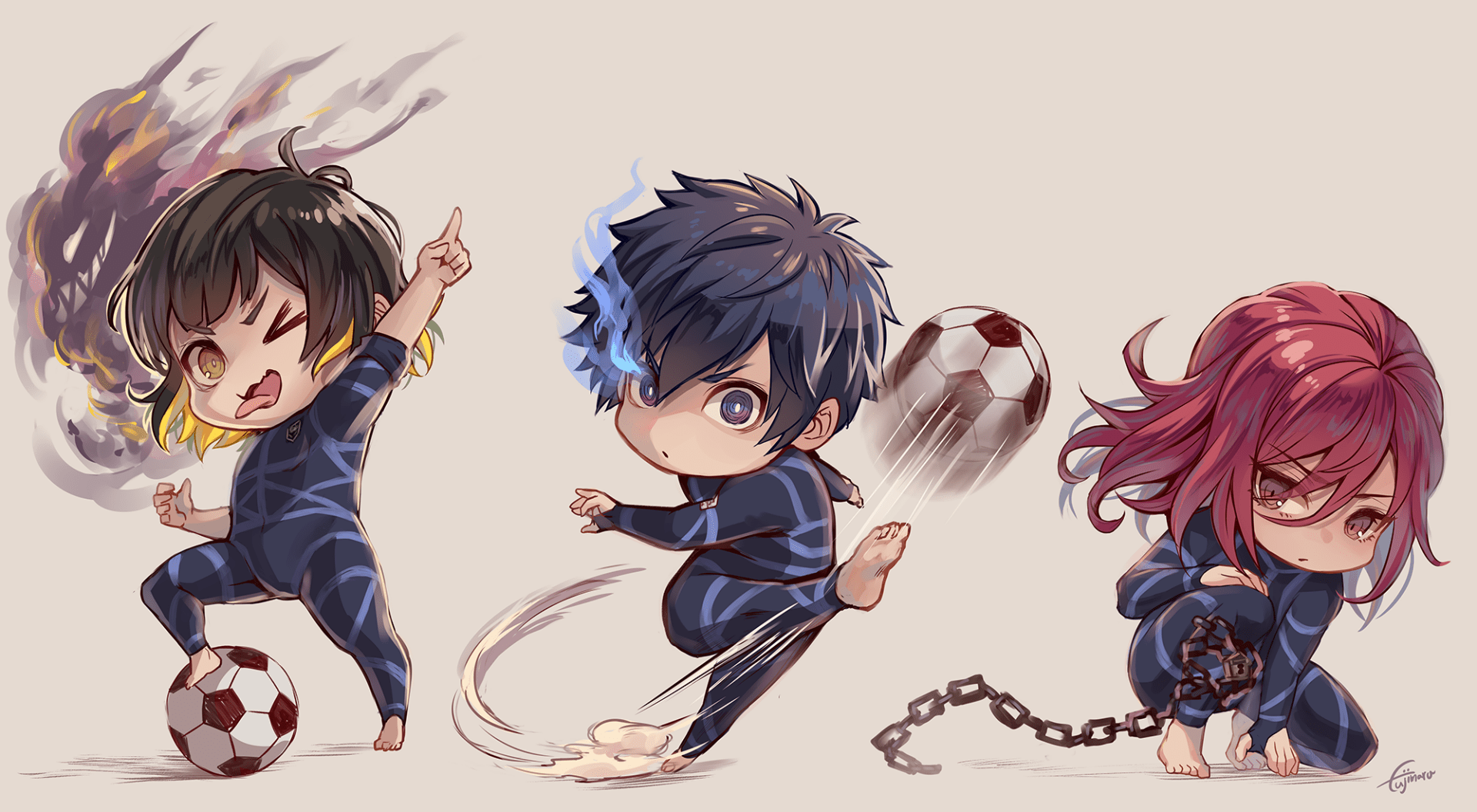 1920x1056 Blue Lock HD Wallpaper: Bachira, Isagi & Chigiri in Action by 富士丸x1100