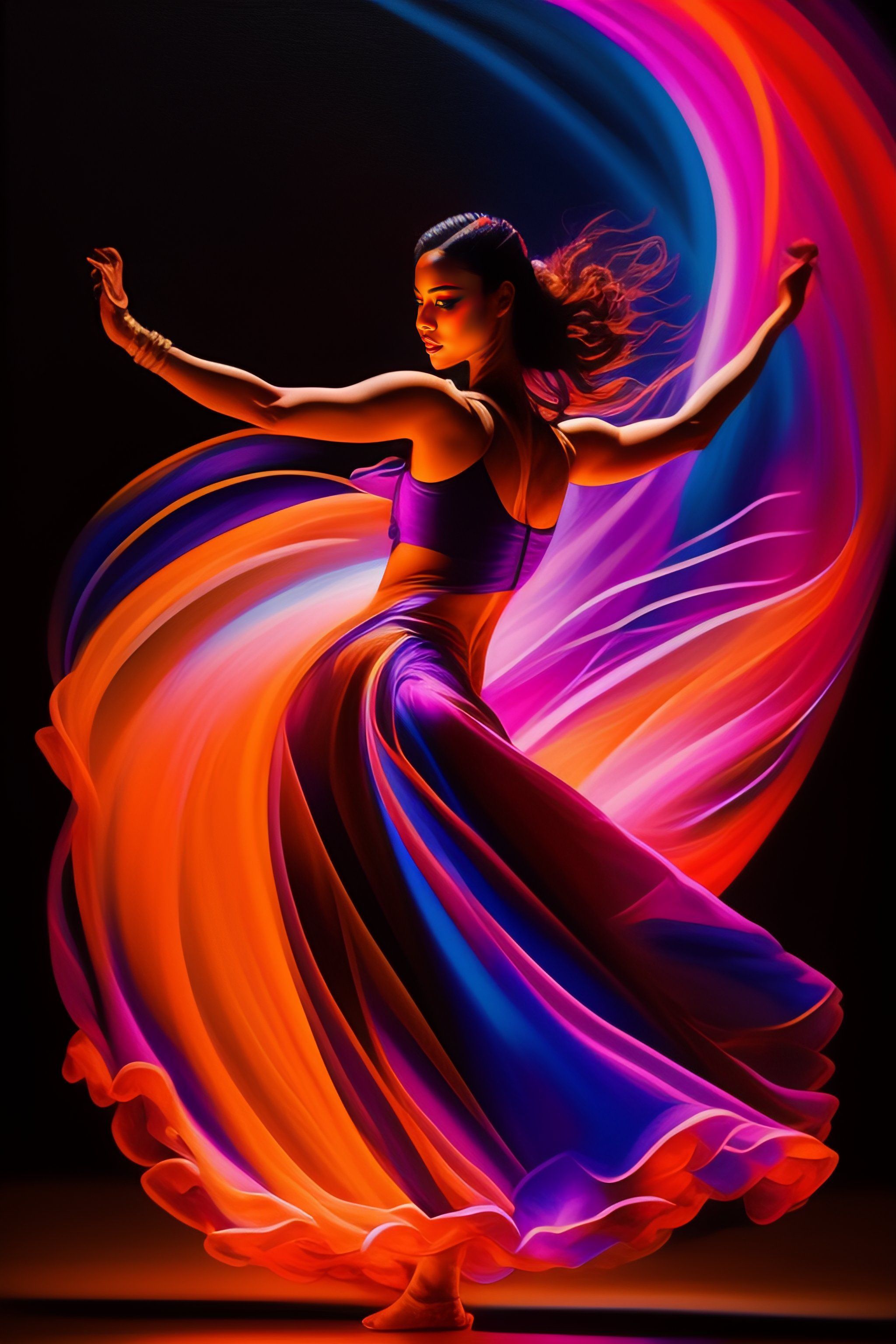 2048x3072 Lexica dancer in movement, latin dance, super abstract painting, dancing in the dark, glowing, face in darkness