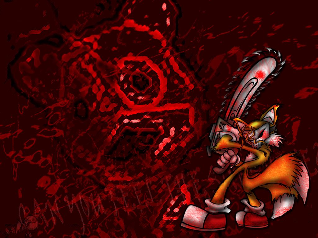 1024x768 grimdark, artist:frylock miles tails prower, tails doll, fox, agender, blood, blood stain, chainsaw, duo, gloves, holding something, male, mask, shoes, silhouette, socks, this will end in blood, wallpaper.mobius.social