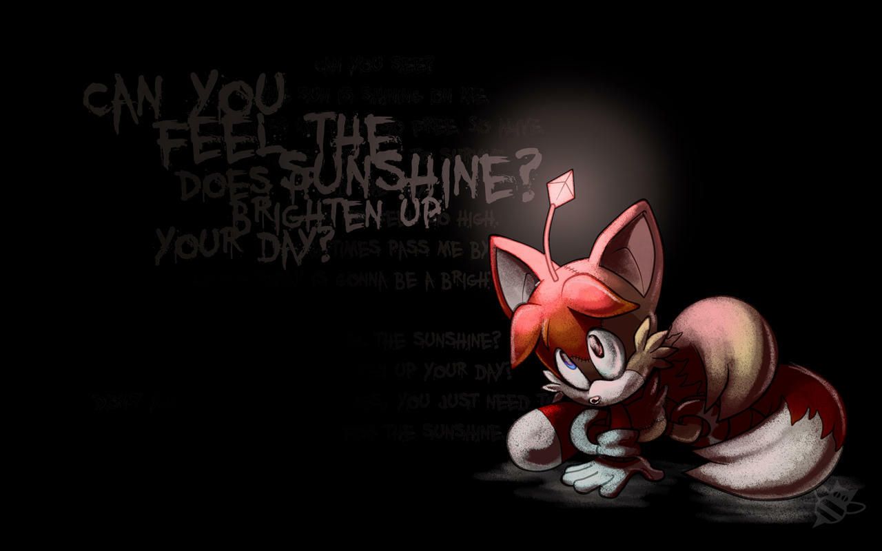 1280x800 safe, artist:finimun, tails doll, sonic r, agender, black background, can you feel the sunshine?, creepy, glowing, looking up, simple background, sitting, solo, solo agender.mobius.social