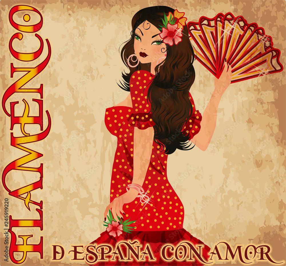 1000x928 Flamenco party wallpaper with spanish girl and fan, vector illustration Stock Vector