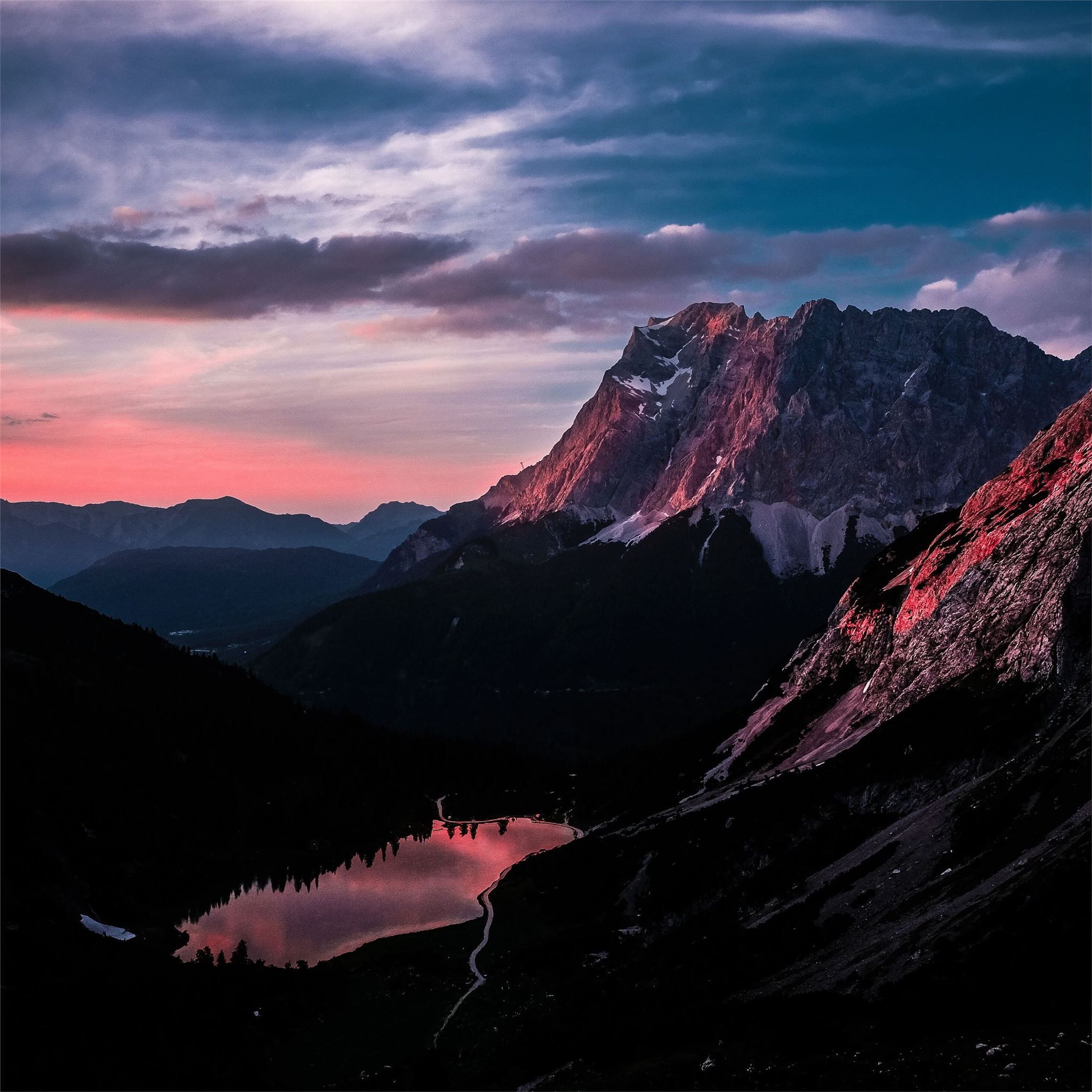 2048x2048 long mountain ranges landscape orange dark sky 5k iPad Air Wallpaper Free Download