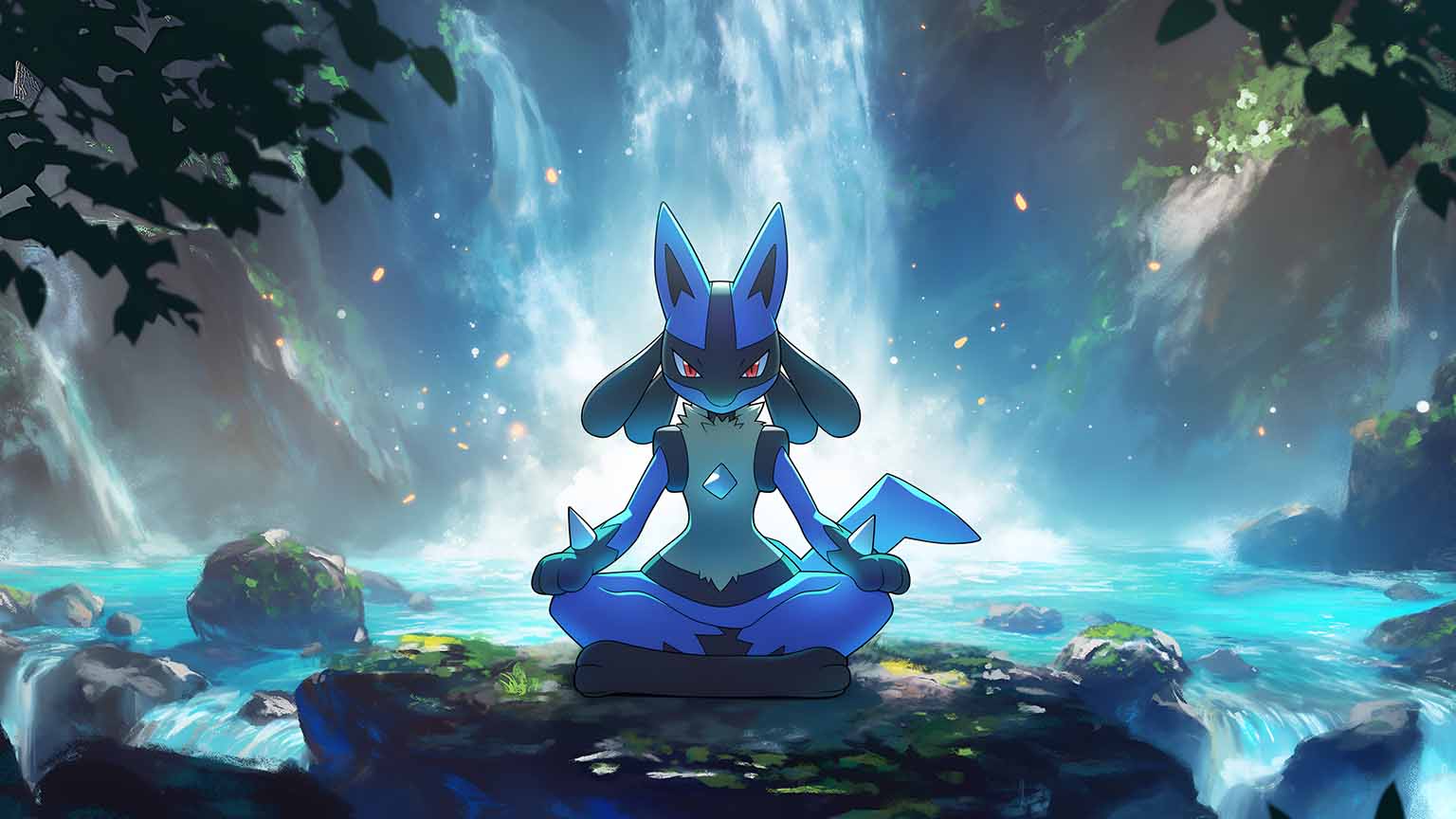 1536x864 Lucario Meditation Waterfall Wallpaper 4K Wallpaper 4k