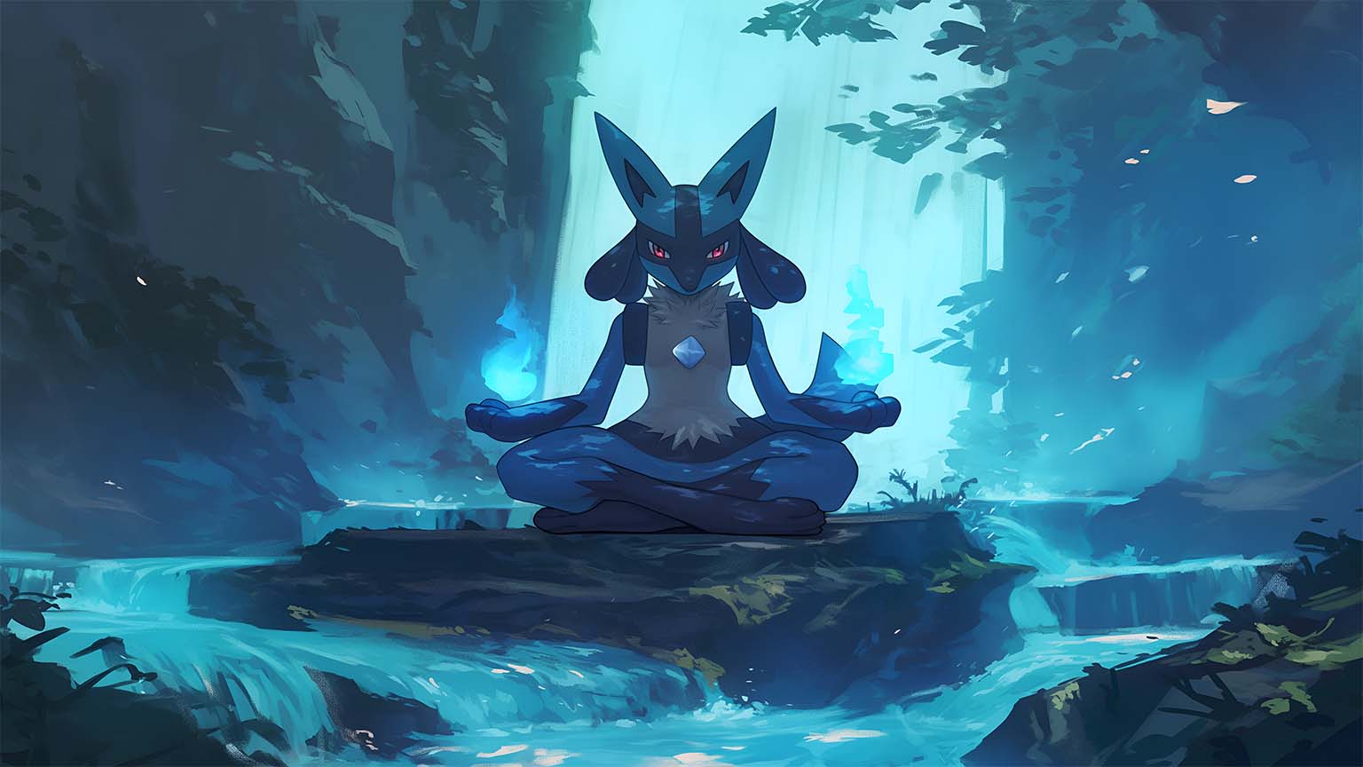 1536x864 Cool Lucario Aura Meditation Forest Desktop Wallpaper 4K