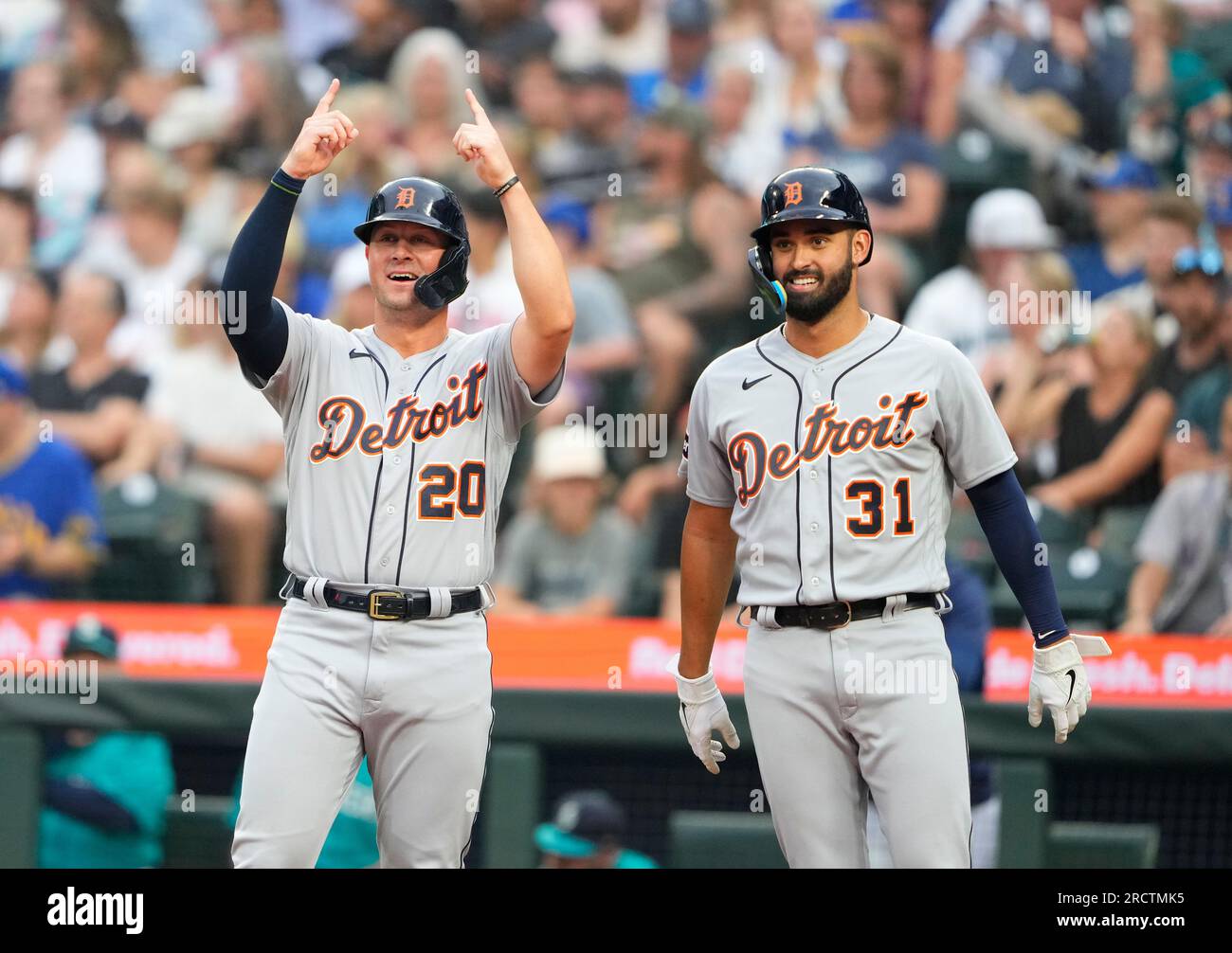 1300x1006 Detroit Tigers' Spencer Torkelson (20) And Riley Greene (31) Wait For Kerry Carpenter After Scoring On His Three Run Home Run Against The Seattle Mariners In A Baseball Game, Saturday, July