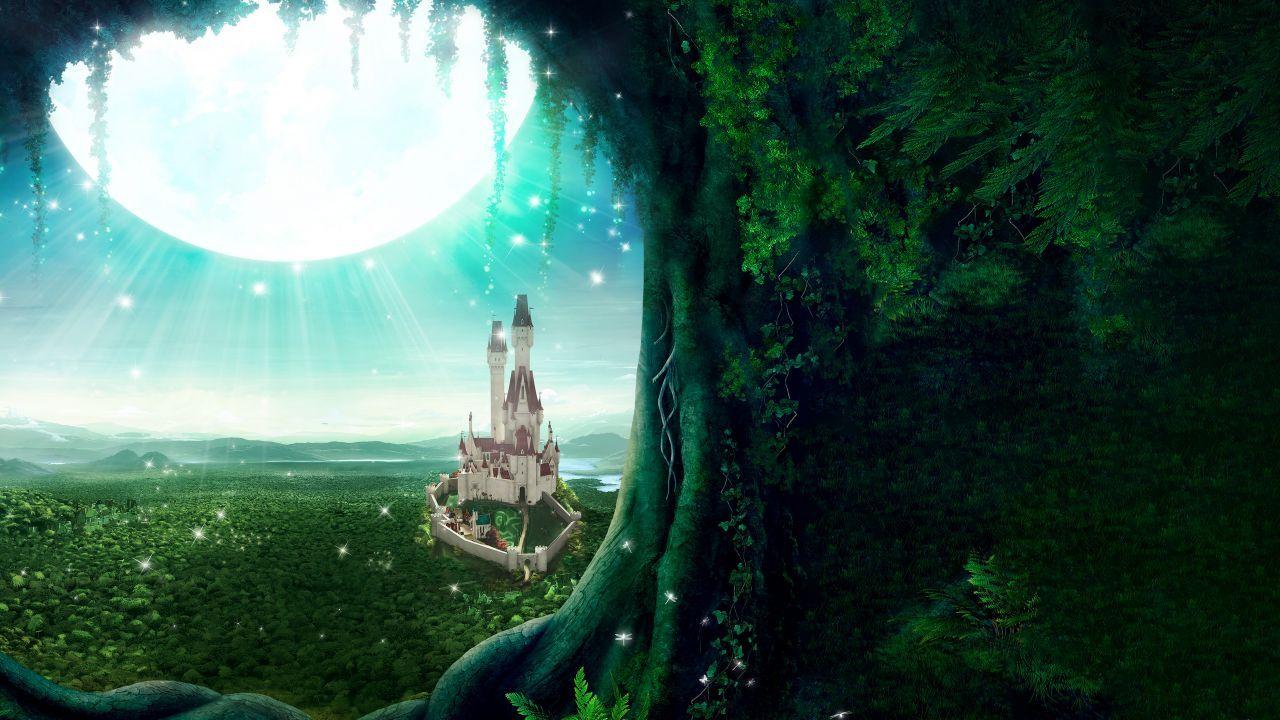 1280x720 Wallpaper Moon, Tree, Castle, Fairy tale, Heaven, 5K, Fantasy