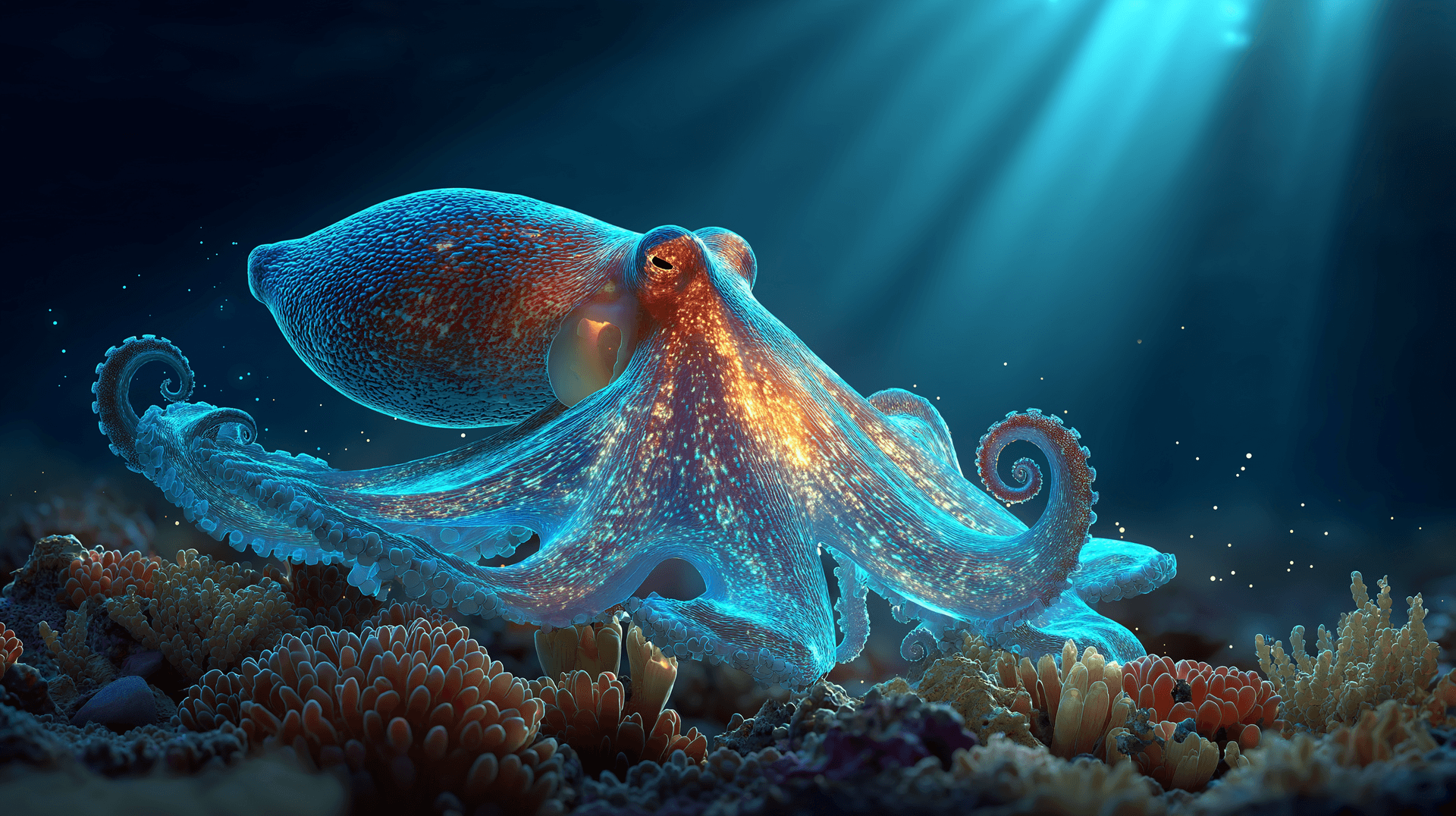 1920x1076 Download Bioluminescent Octopus On Coral Reef Wallpaper